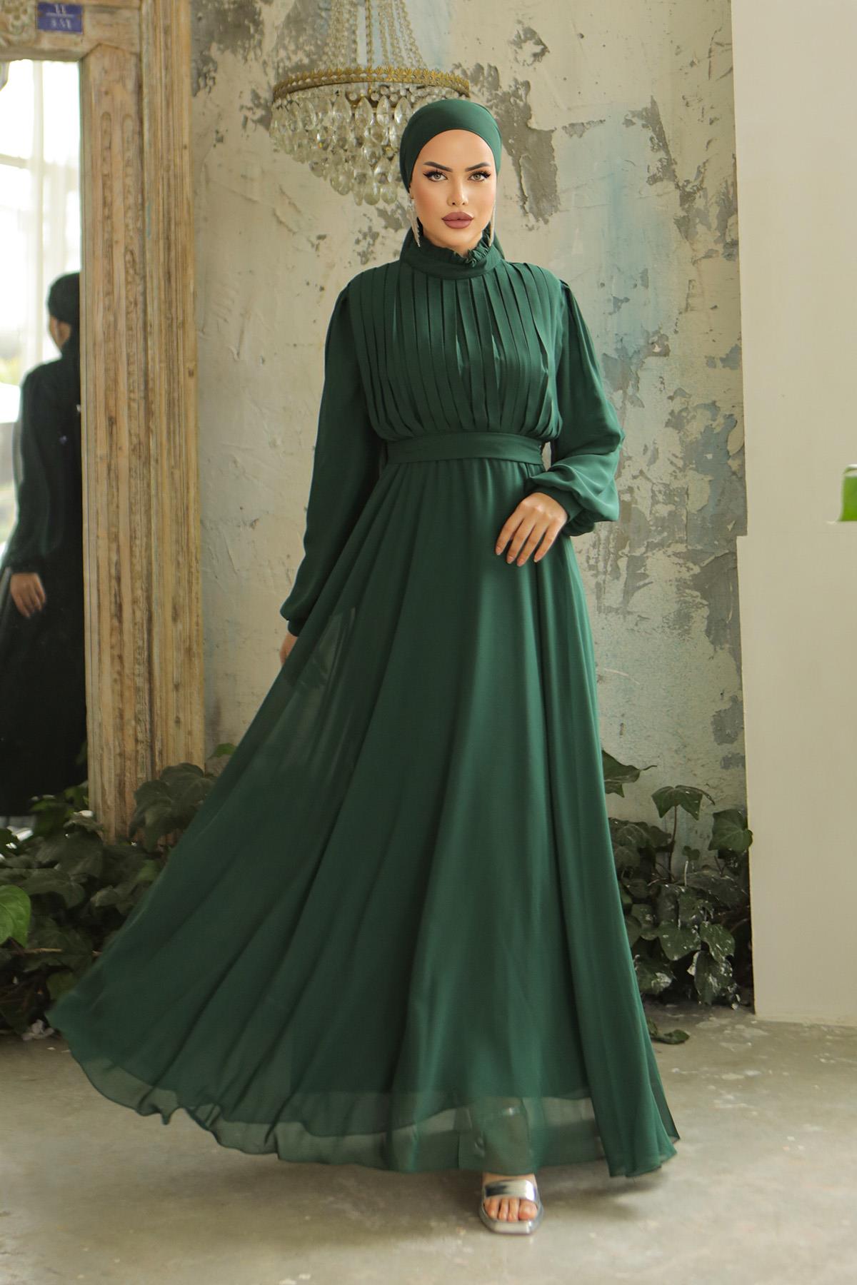 Tesettür Asel Şifon Abiye Zümrüt YeşiliLP6040