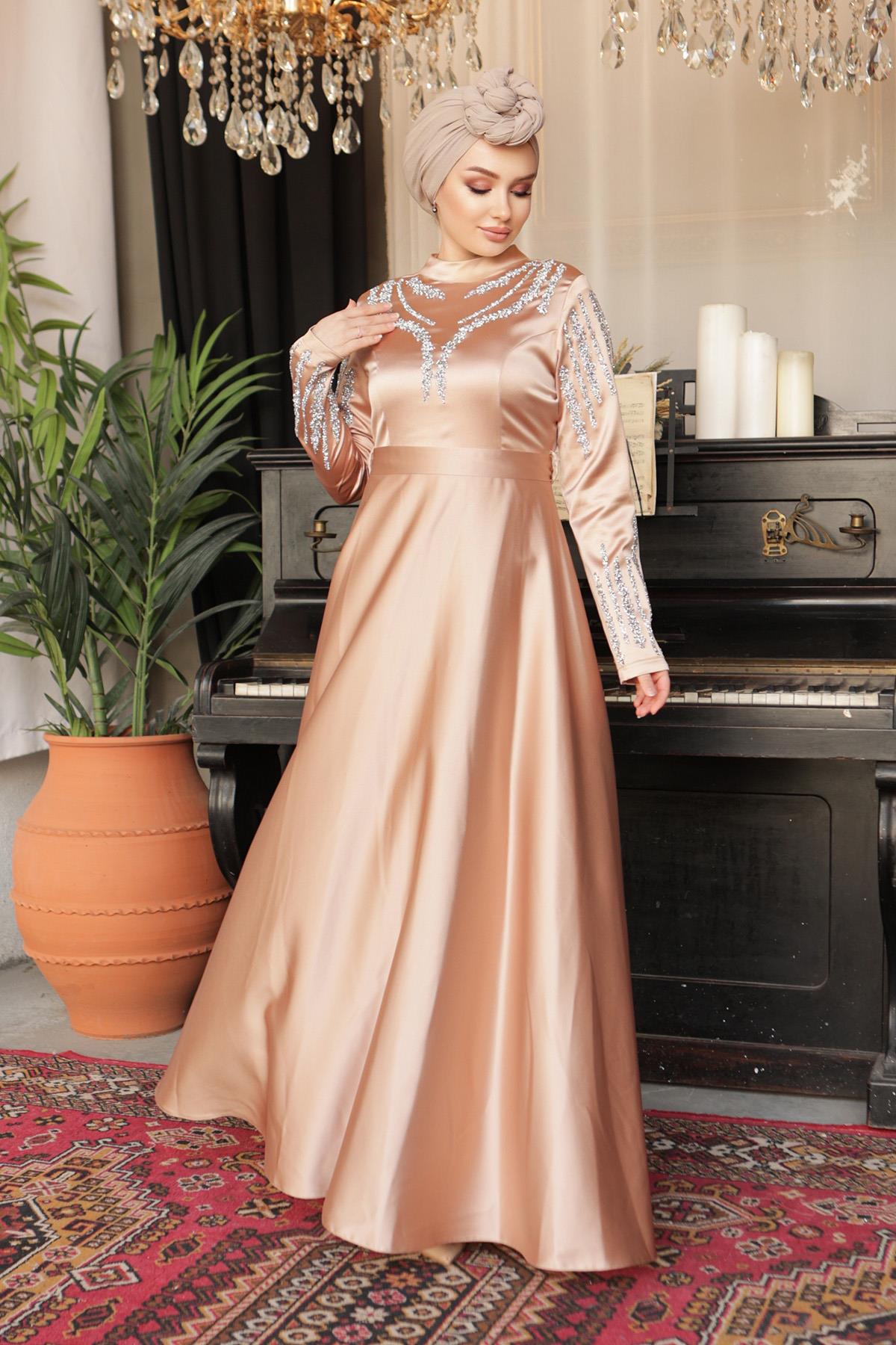 Tesettür Asil Saten Abiye Camel