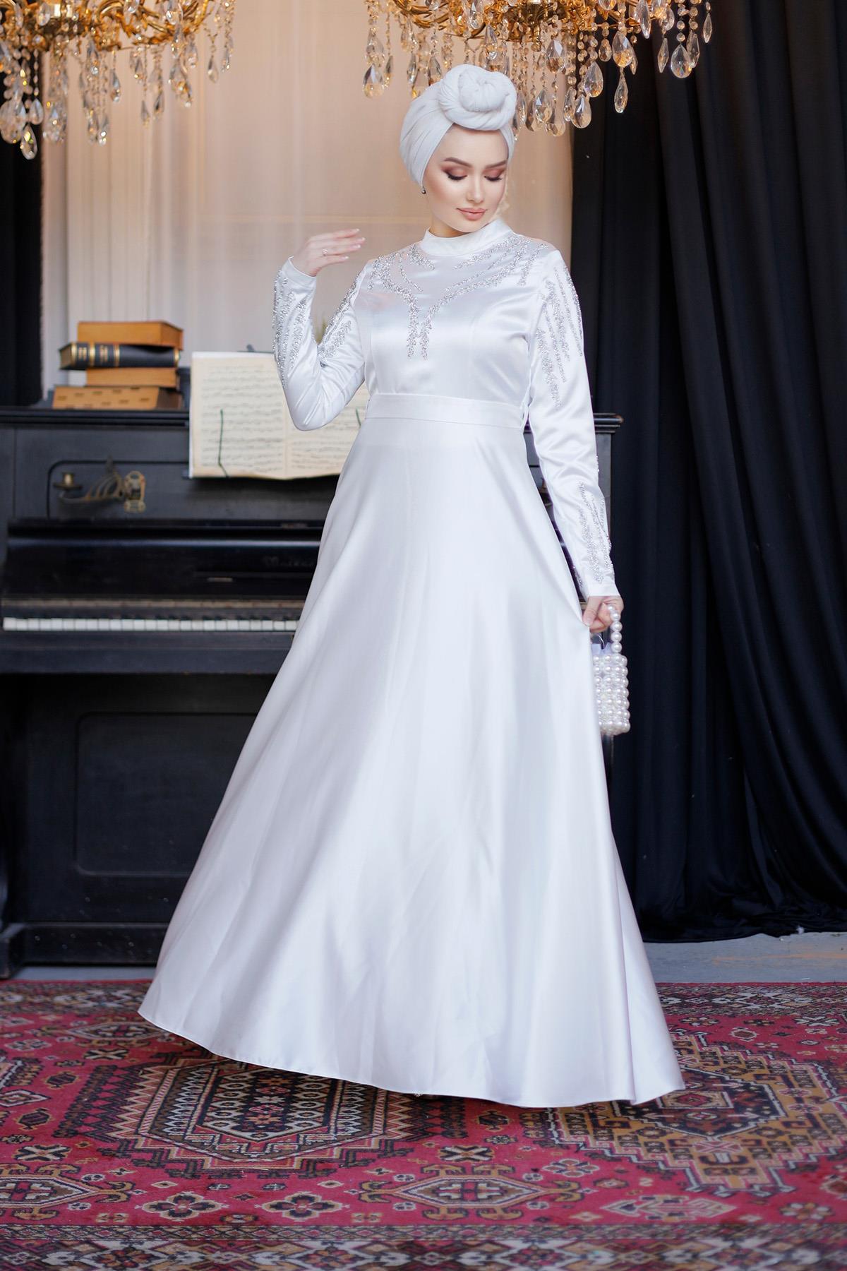 Tesettür Asil Saten Abiye EkruLP6032