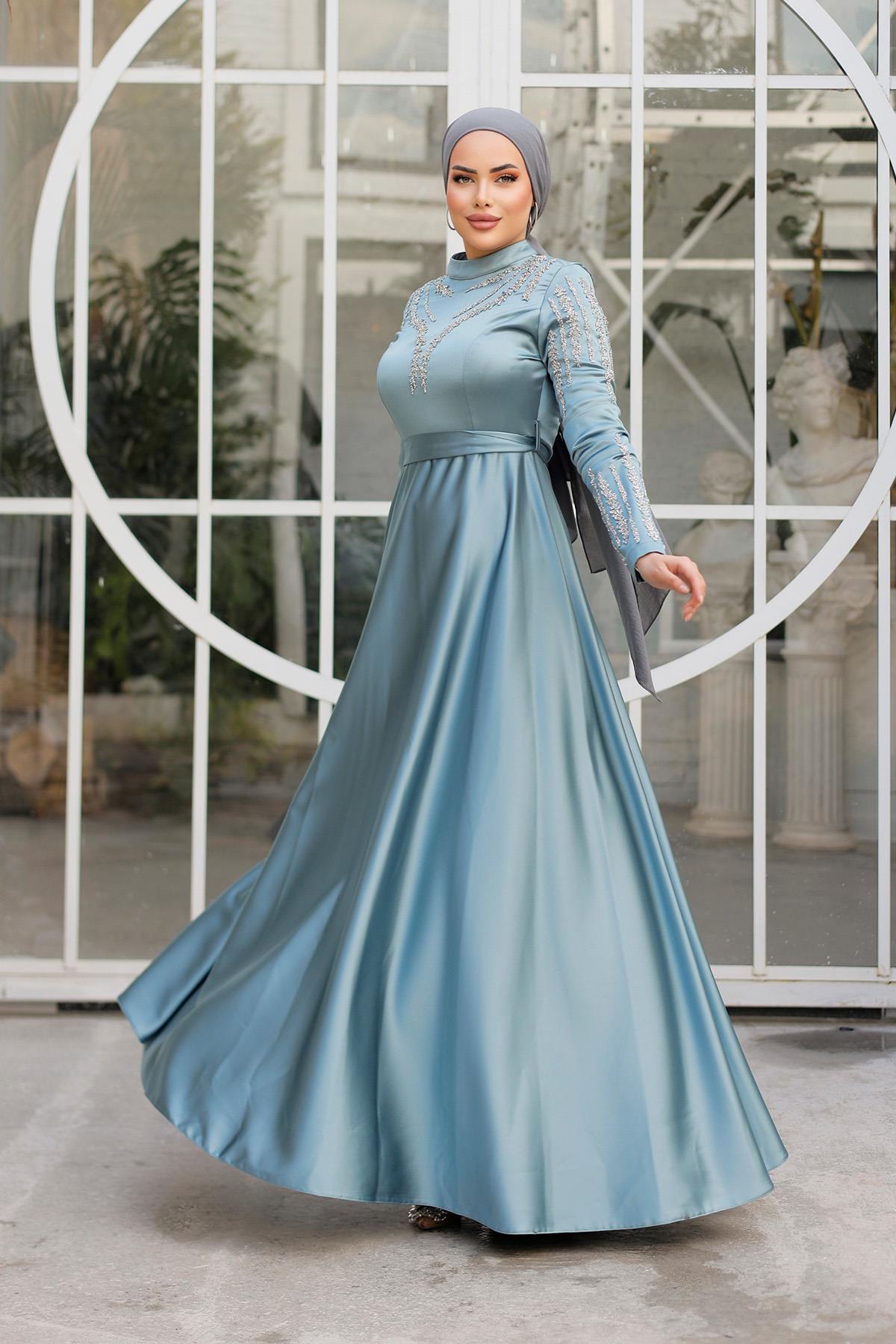 Tesettür Asil Saten Abiye Mint YeşiliLP6032