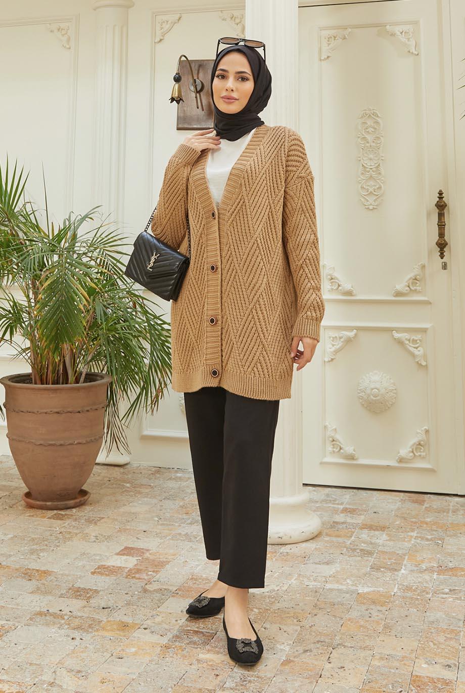 Tesettür Baklava Desenli Links Örgü Düğmeli Triko CamelHM5003