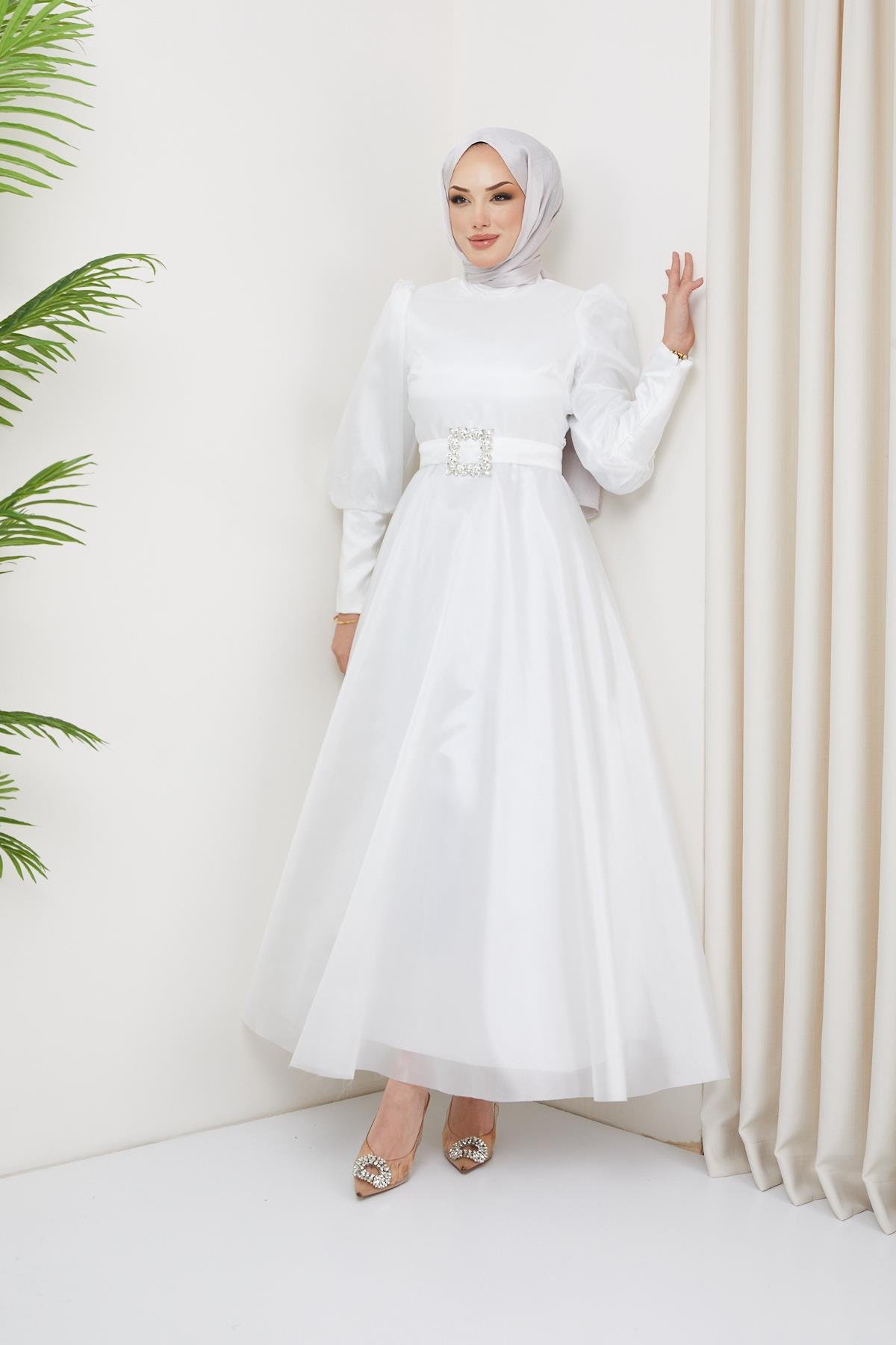 Hijab Balloon Sleeve Organze Evening Evening WhiteHM2003-1