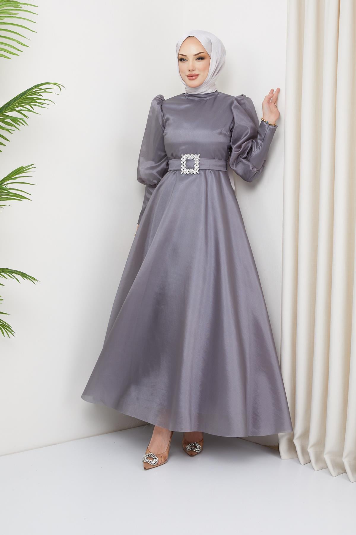Hijab Balloon Sleeve Organze Evening Dress GrayHM2003-1
