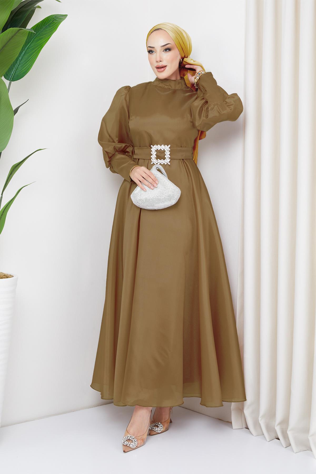 Tesettür Balon Kollu Organze Abiye KahverengiHM2003-1