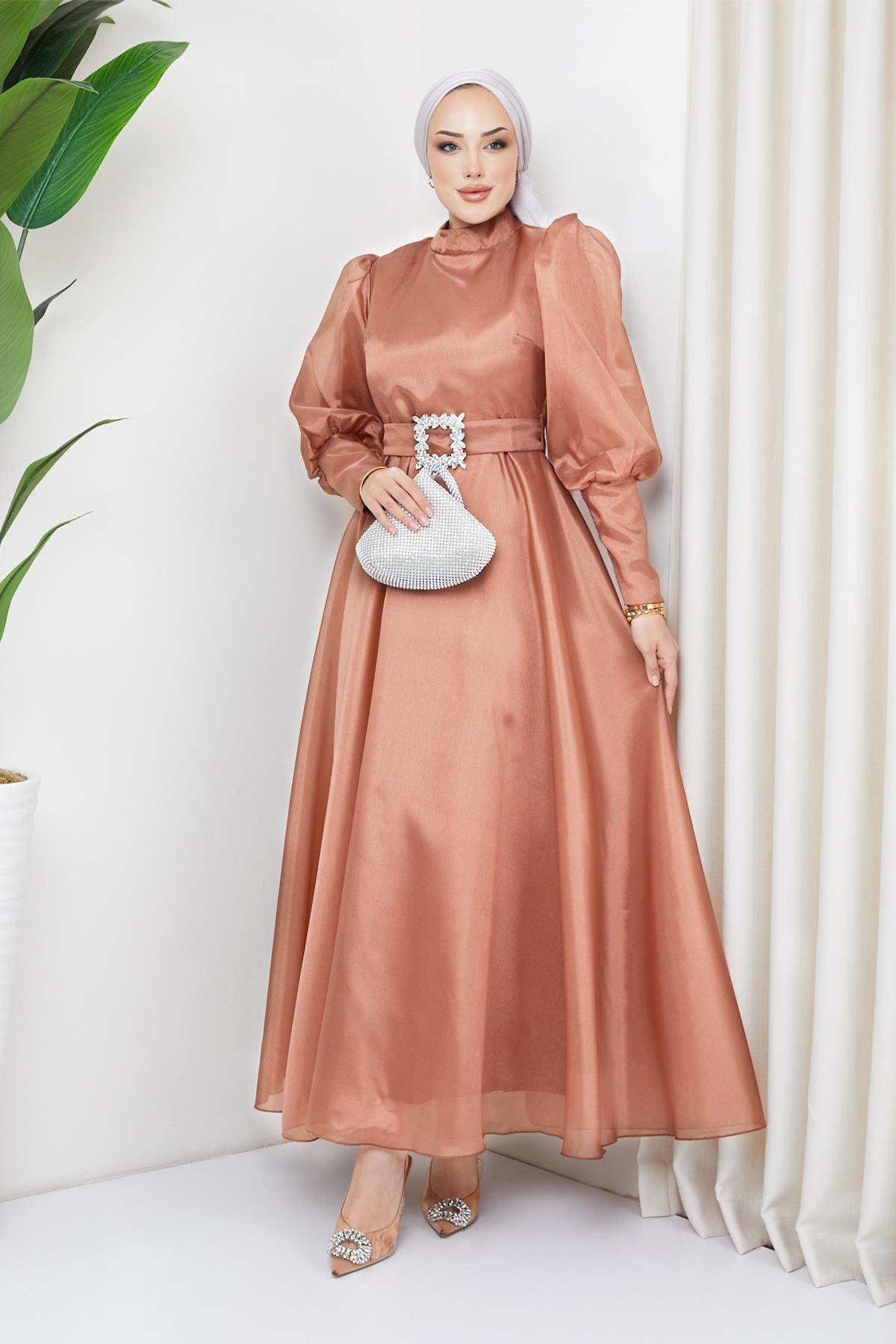 Tesettür Balon Kollu Organze Abiye TarçınHM2003-1