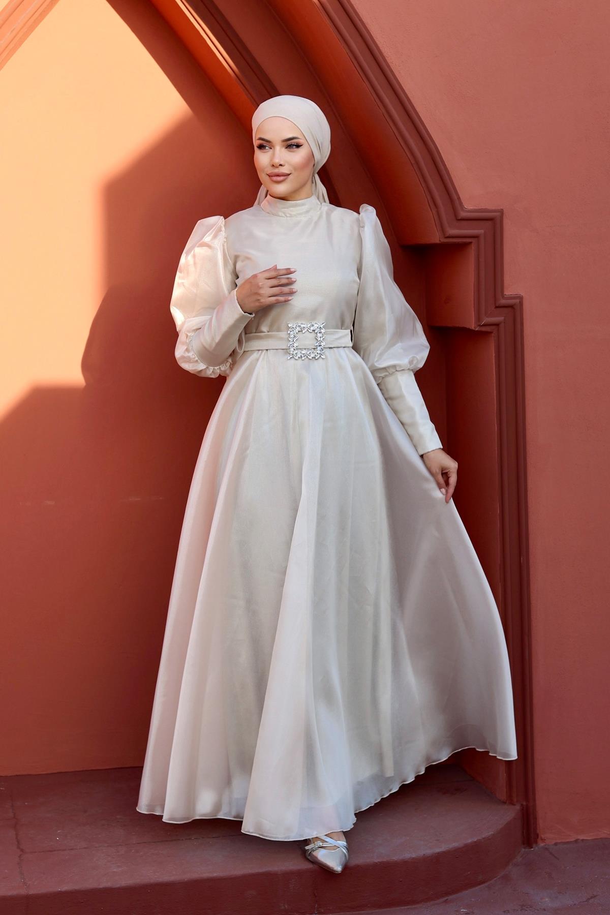 Tesettür Balon Kollu Organze Abiye Taş RengiHM2003-1