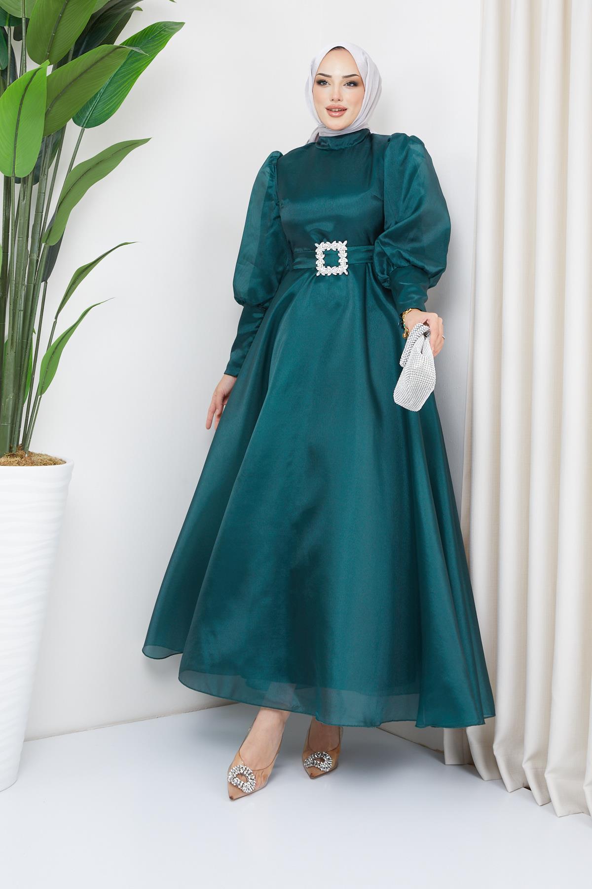 Tesettür Balon Kollu Organze Abiye Zümrüt YeşiliHM2003-1