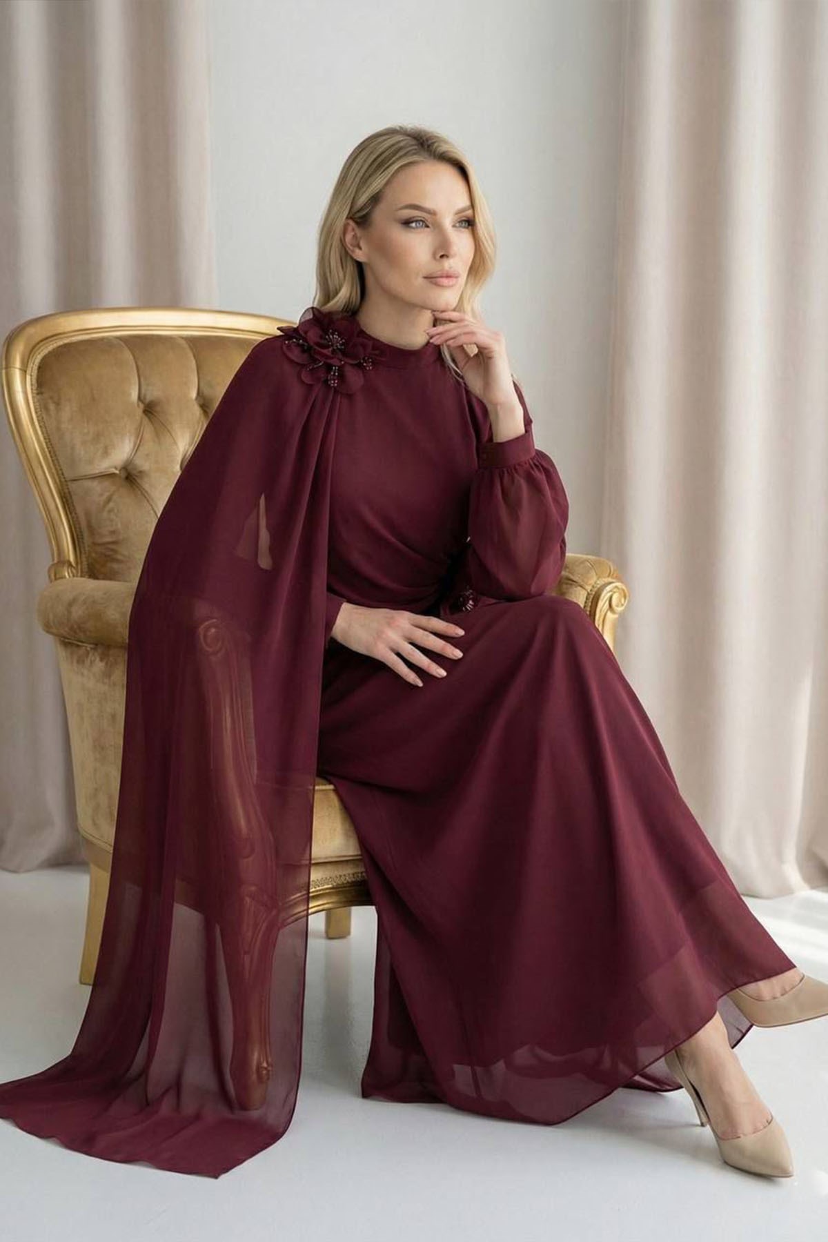 Tesettür BANU ÇİÇEK Şifon Abiye BordoLP6354