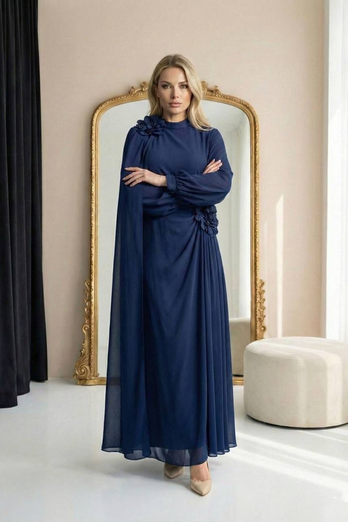 Tesettür BANU ÇİÇEK Şifon Abiye LacivertLP6354