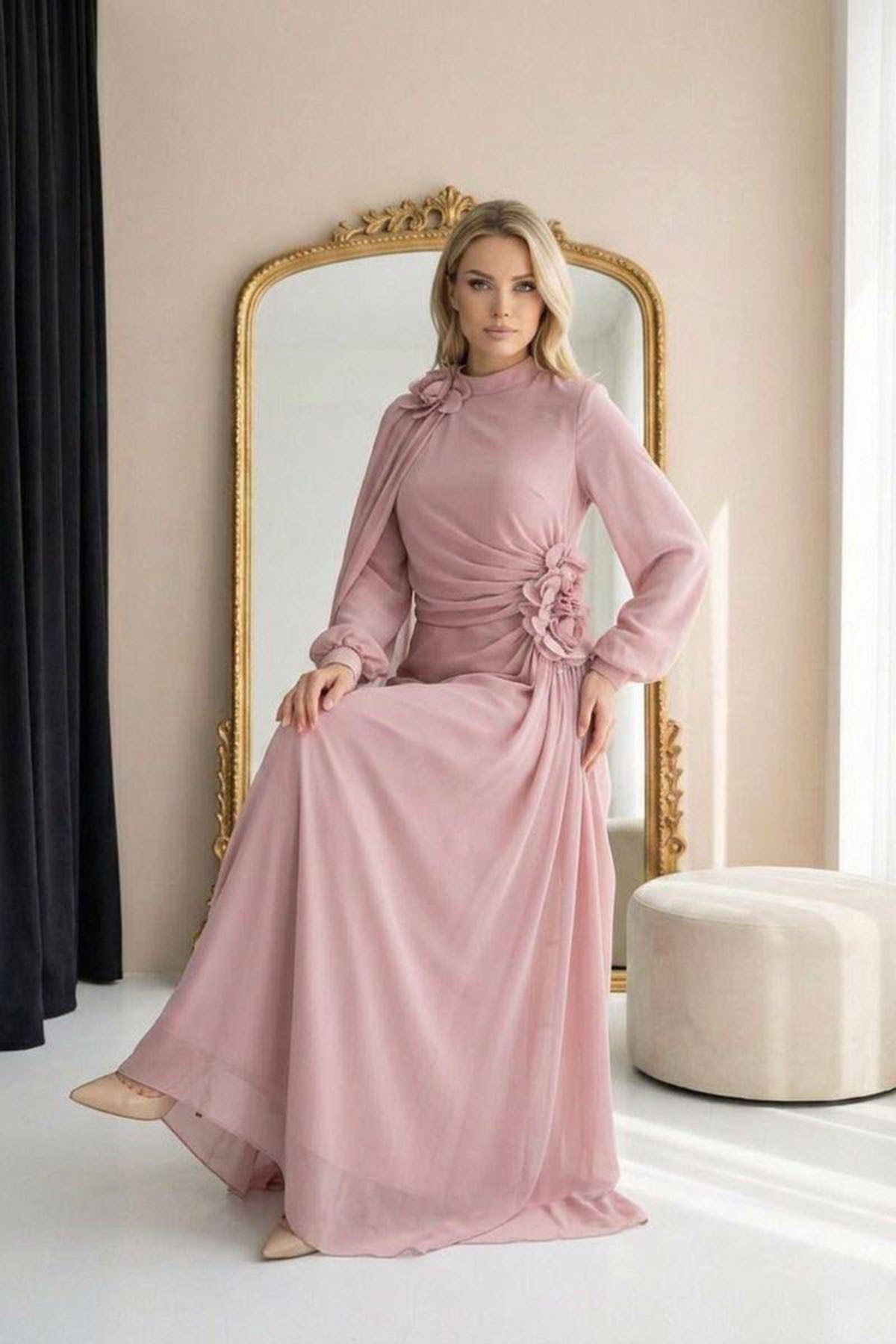 Tesettür BANU ÇİÇEK Şifon Abiye PudraLP6354