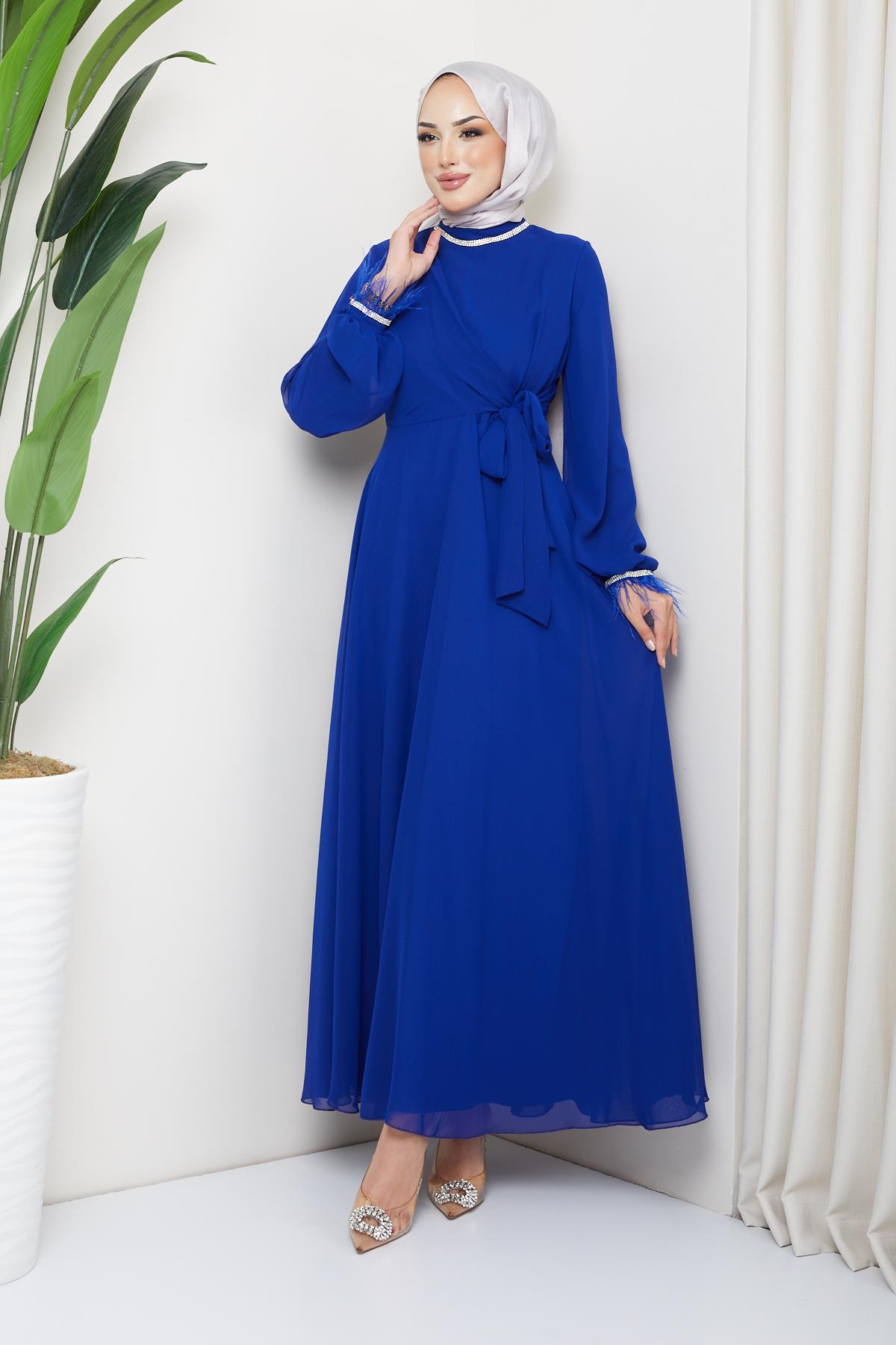 Tesettür Belden Bağlamalı, Taş Detaylı Şifon Abiye Saks MavisiHM5020