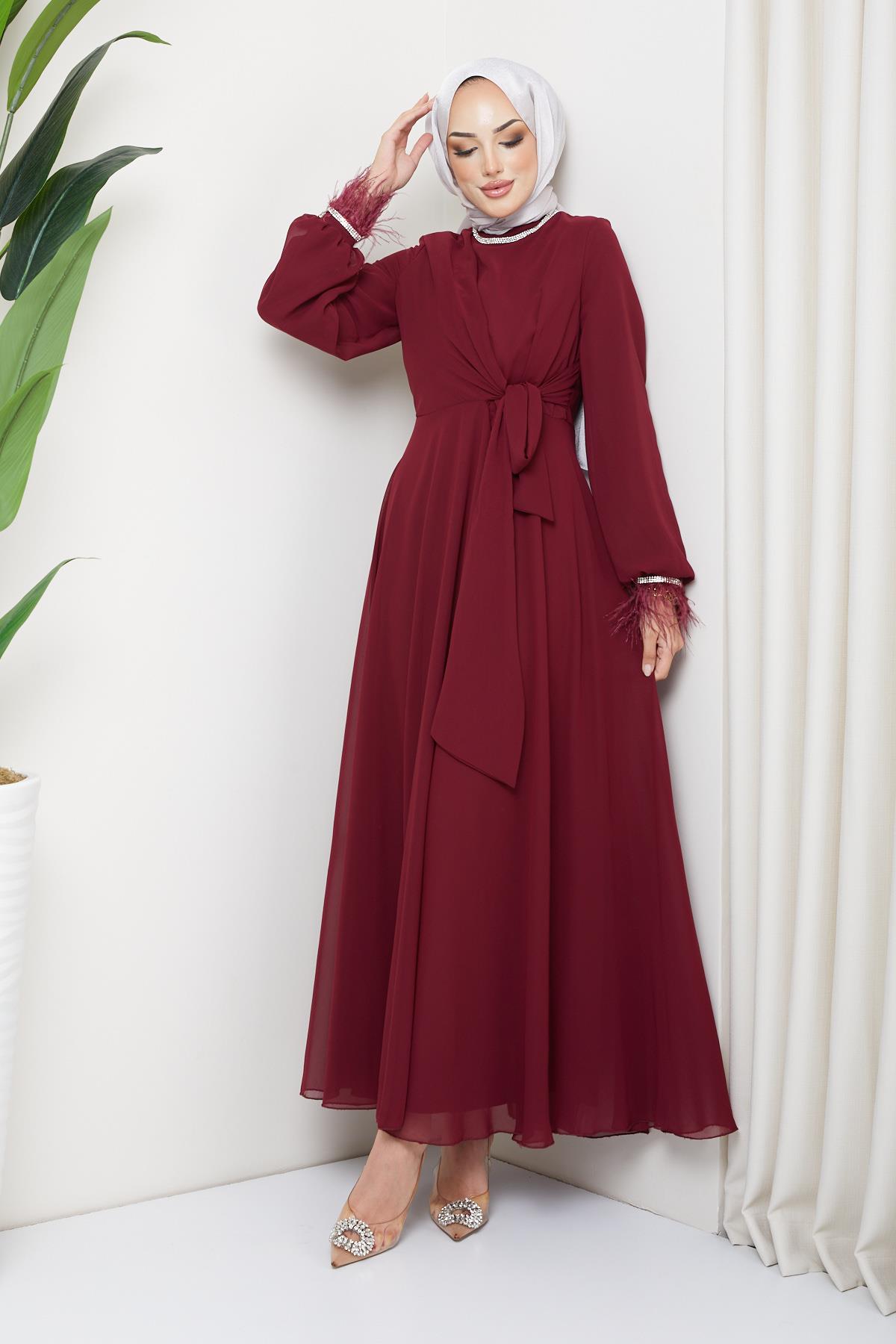 Tesettür Belden Bağlamalı, Taş Detaylı Şifon Abiye BordoHM5020