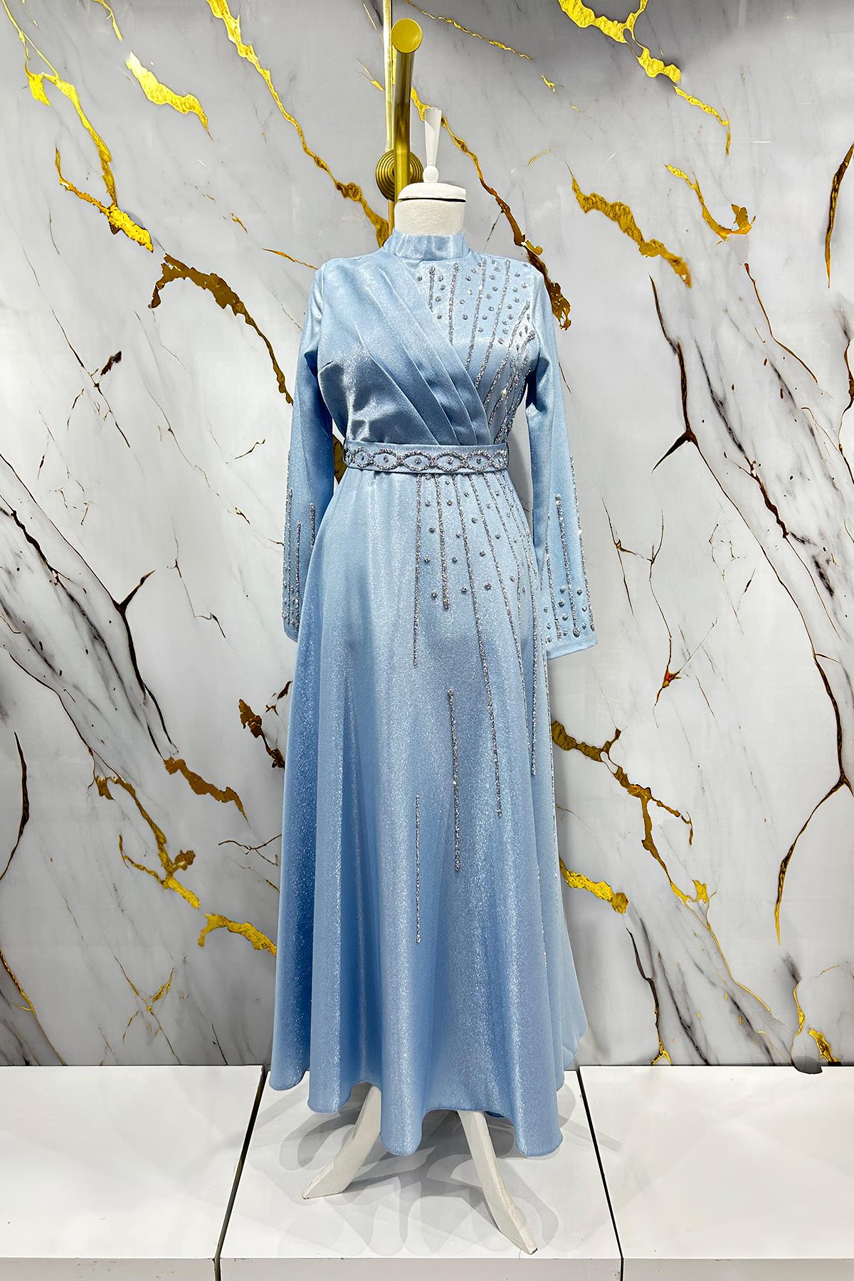 Tesettür Belfin Krep Saten Abiye Açık MaviLP6116