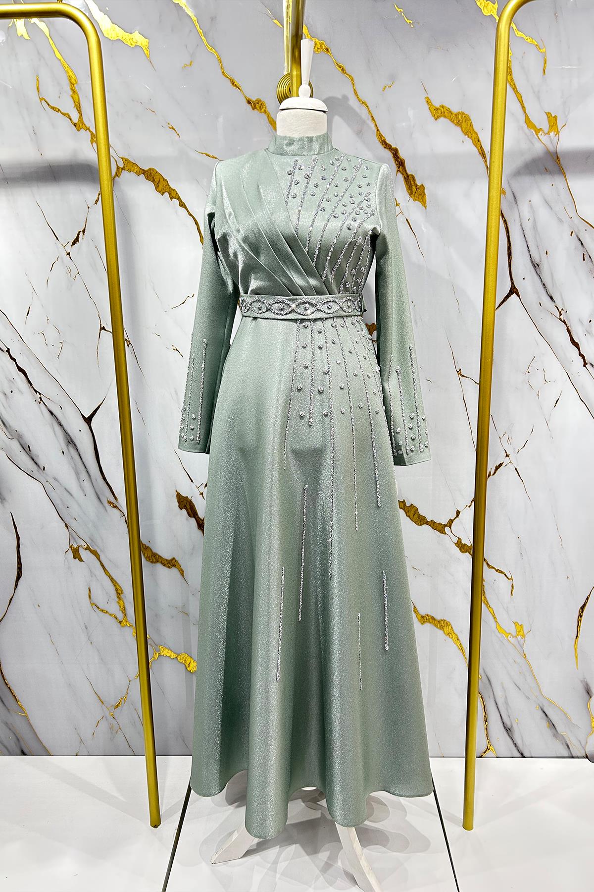 Tesettür Belfin Krep Saten Abiye Mint YeşiliLP6116