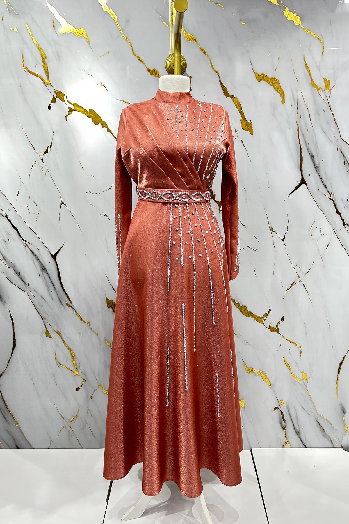 Tesettür Belfin Krep Saten Abiye SomonLP6116