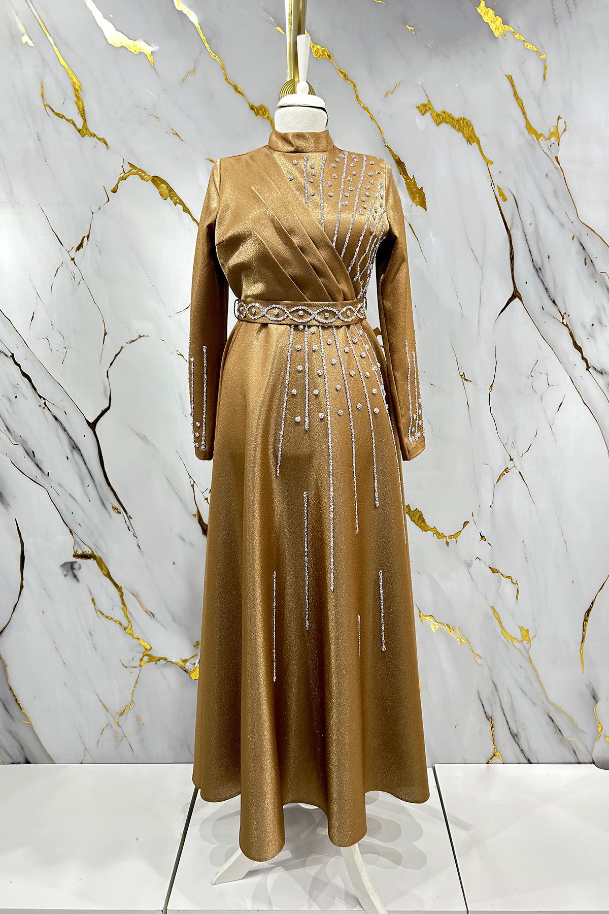 Tesettür Belfin Krep Saten Abiye TabaLP6116