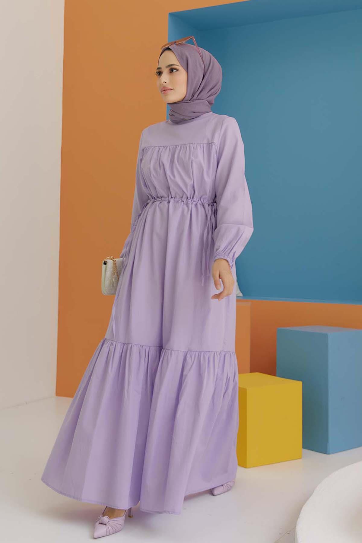 Tesettür Beli Bağcıklı Büzgülü Elbise LilaHM4022