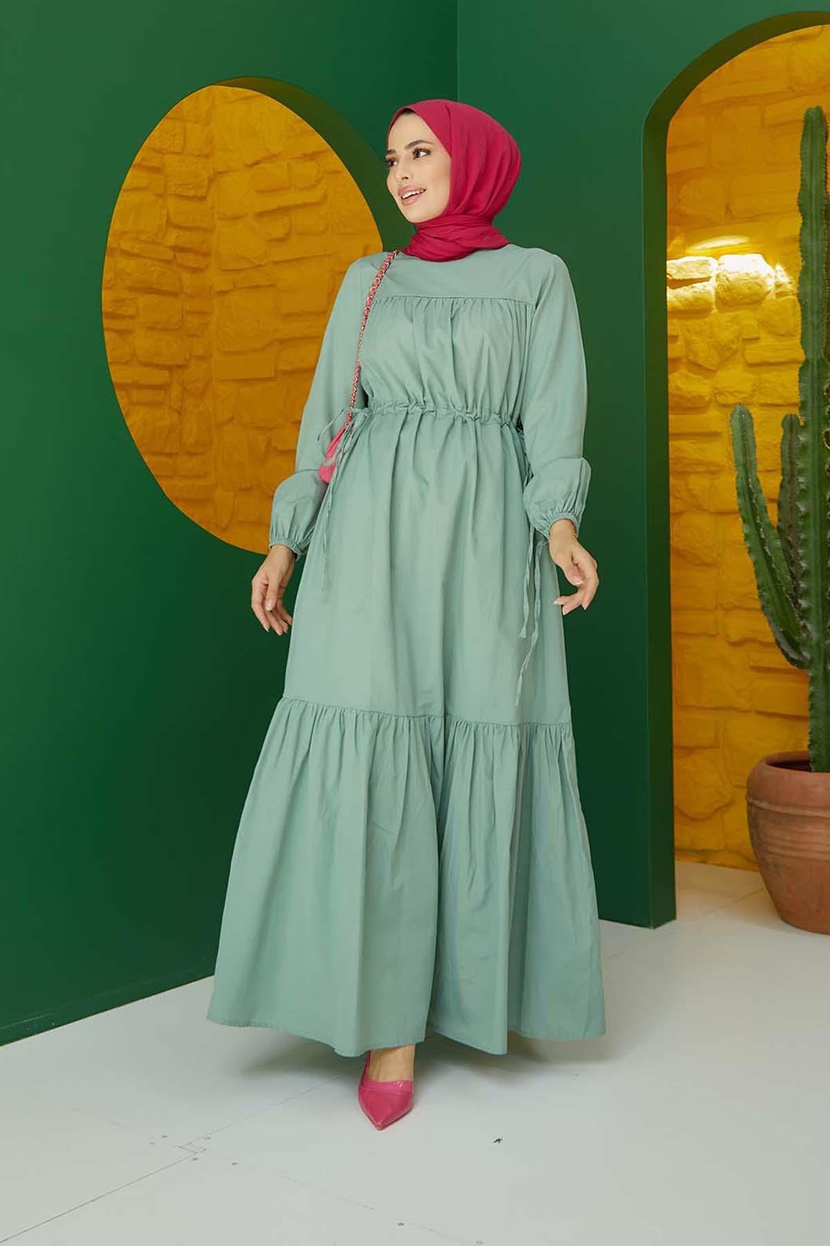Tesettür Beli Bağcıklı Büzgülü Elbise MintHM4022
