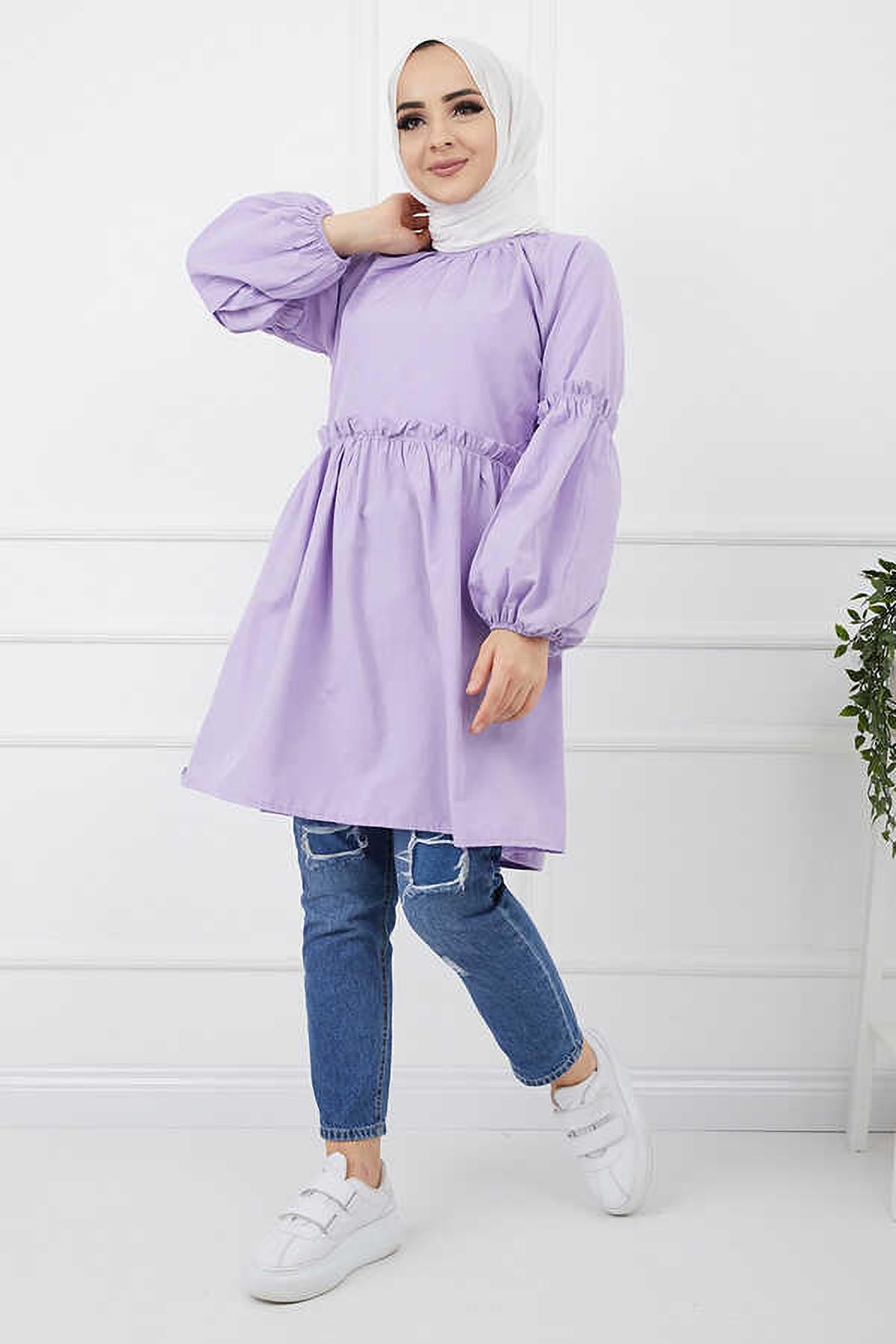 Tesettür Beli Büzgülü Tesettür Tunik LilaHM2810