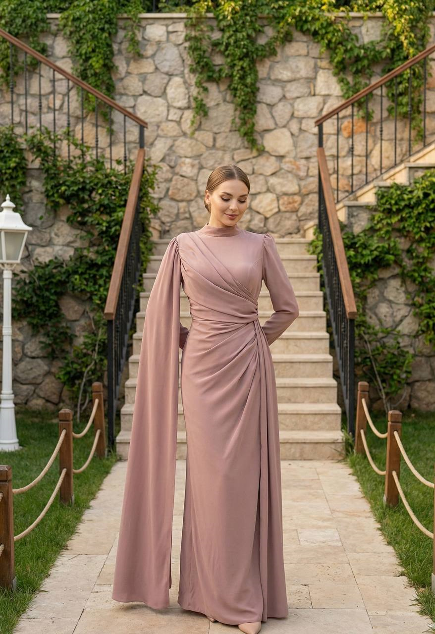 Tesettür BELLİNA Saten Abiye GülLP6377