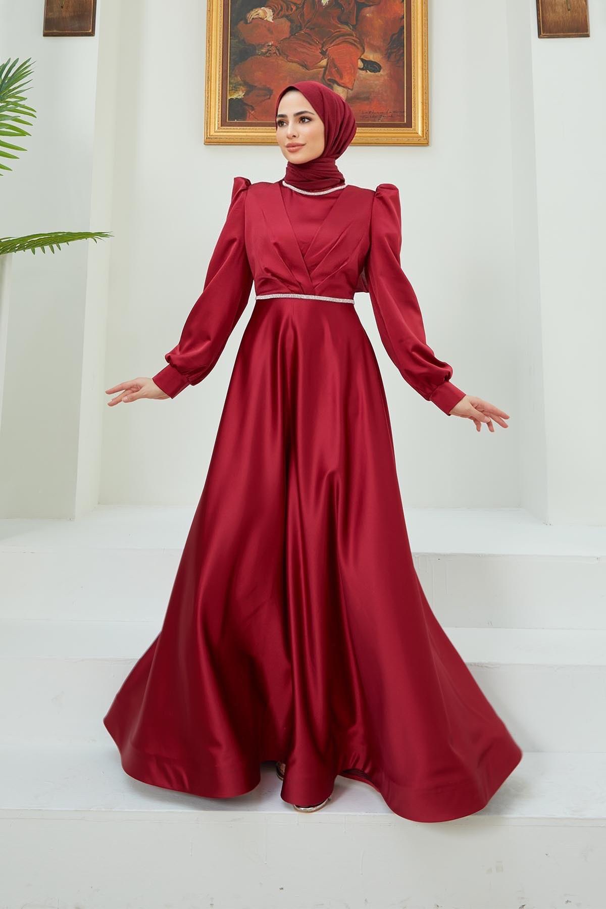 Tesettür Bera Beli Taş Süslemeli Saten Abiye BordoHM4102-1