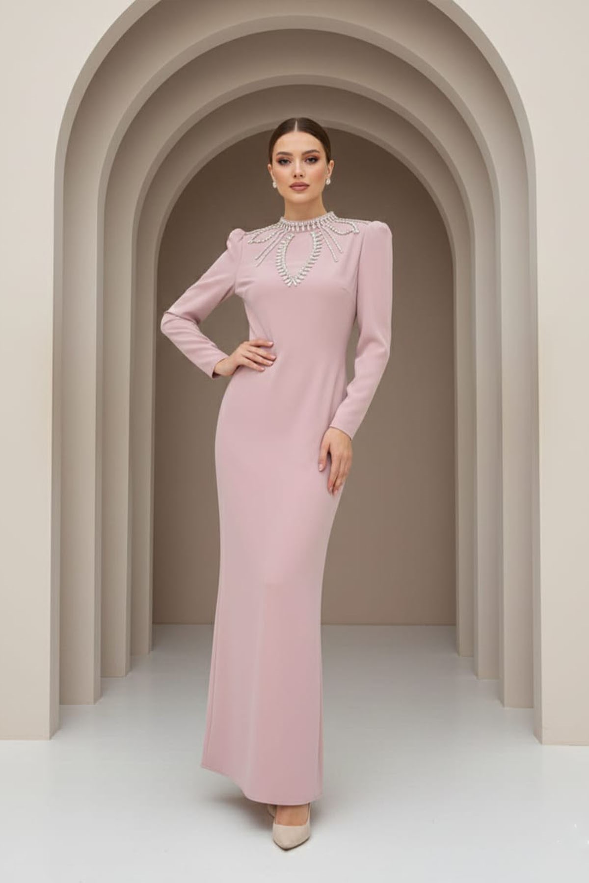 Tesettür Billur Adriana Krep Abiye PudraLP6350