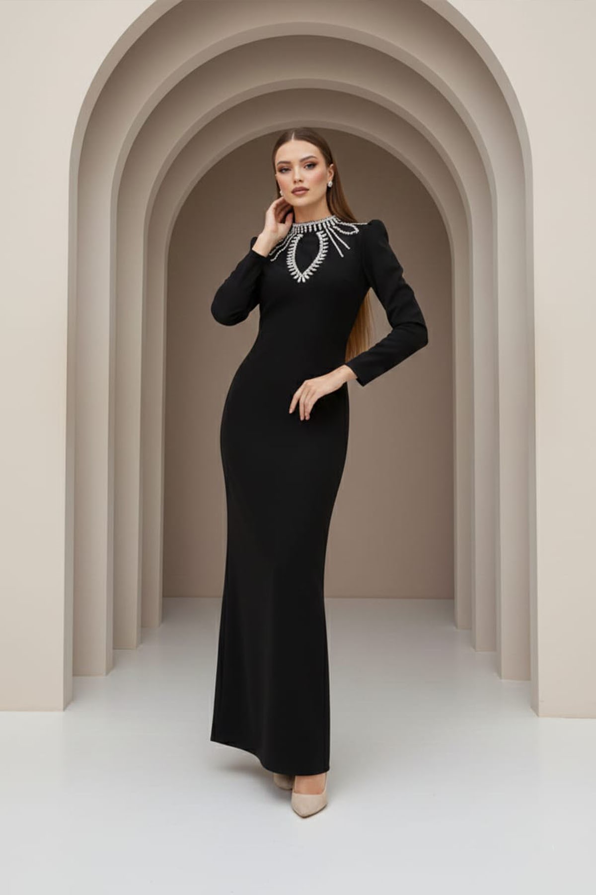 Tesettür Billur Adriana Krep Abiye SiyahLP6350