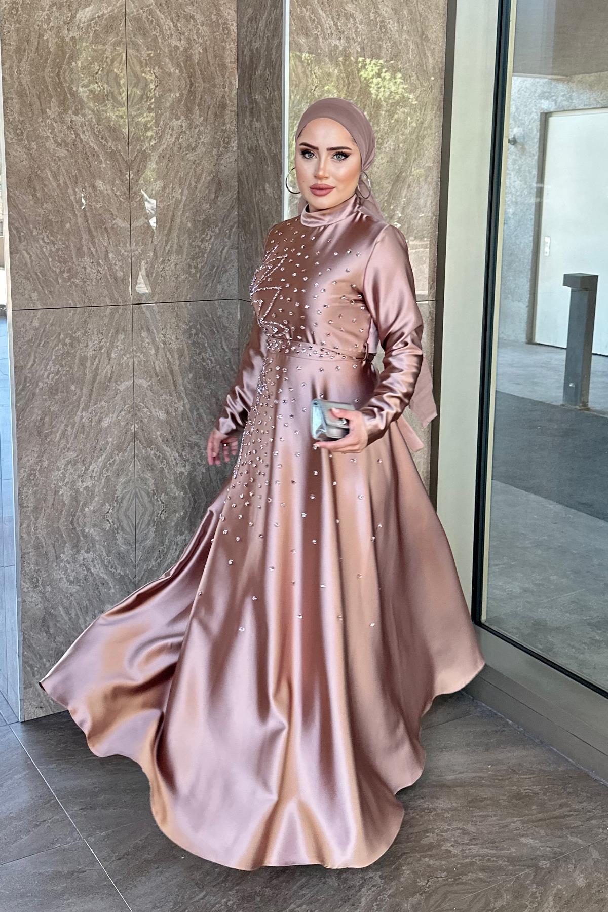 Tesettür Birce Saten Abiye GülLP6081