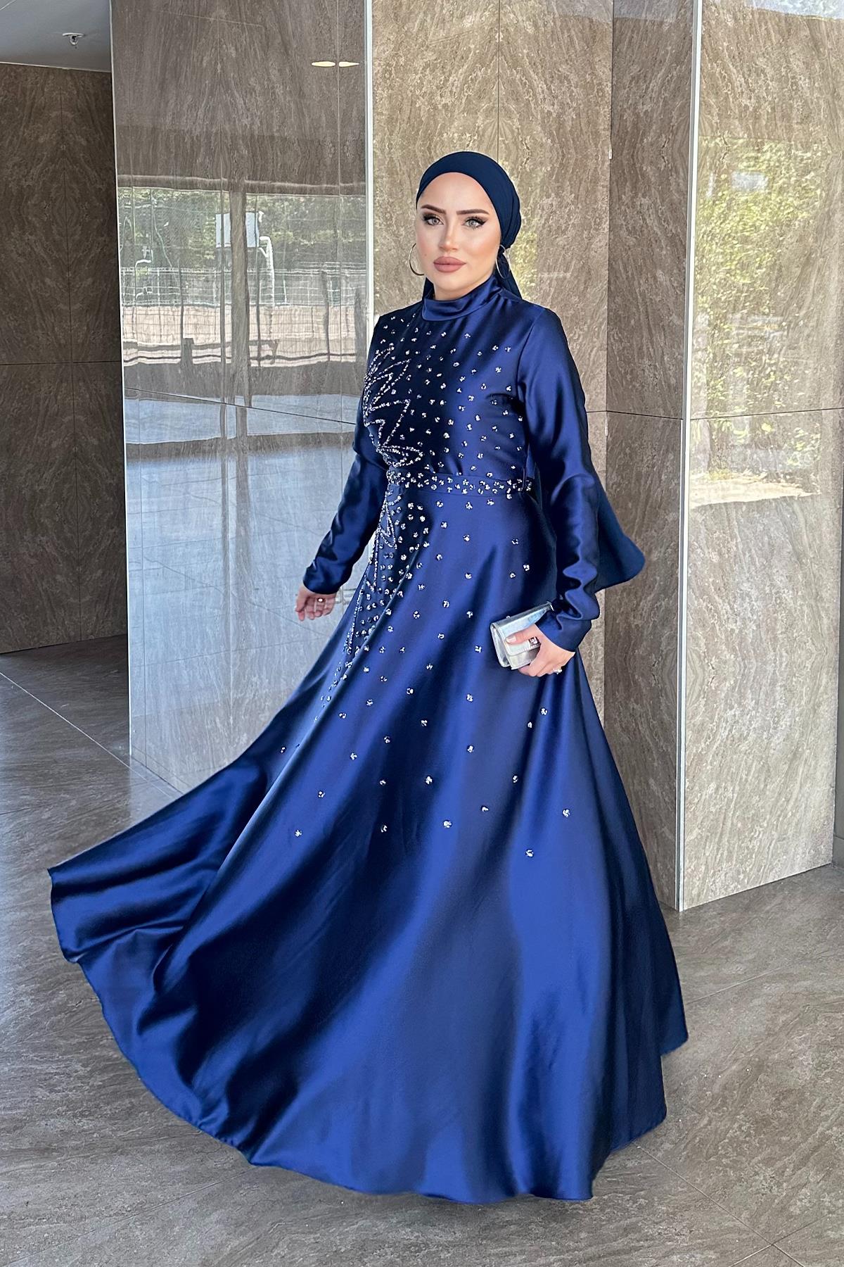 Tesettür Birce Saten Abiye LacivertLP6081