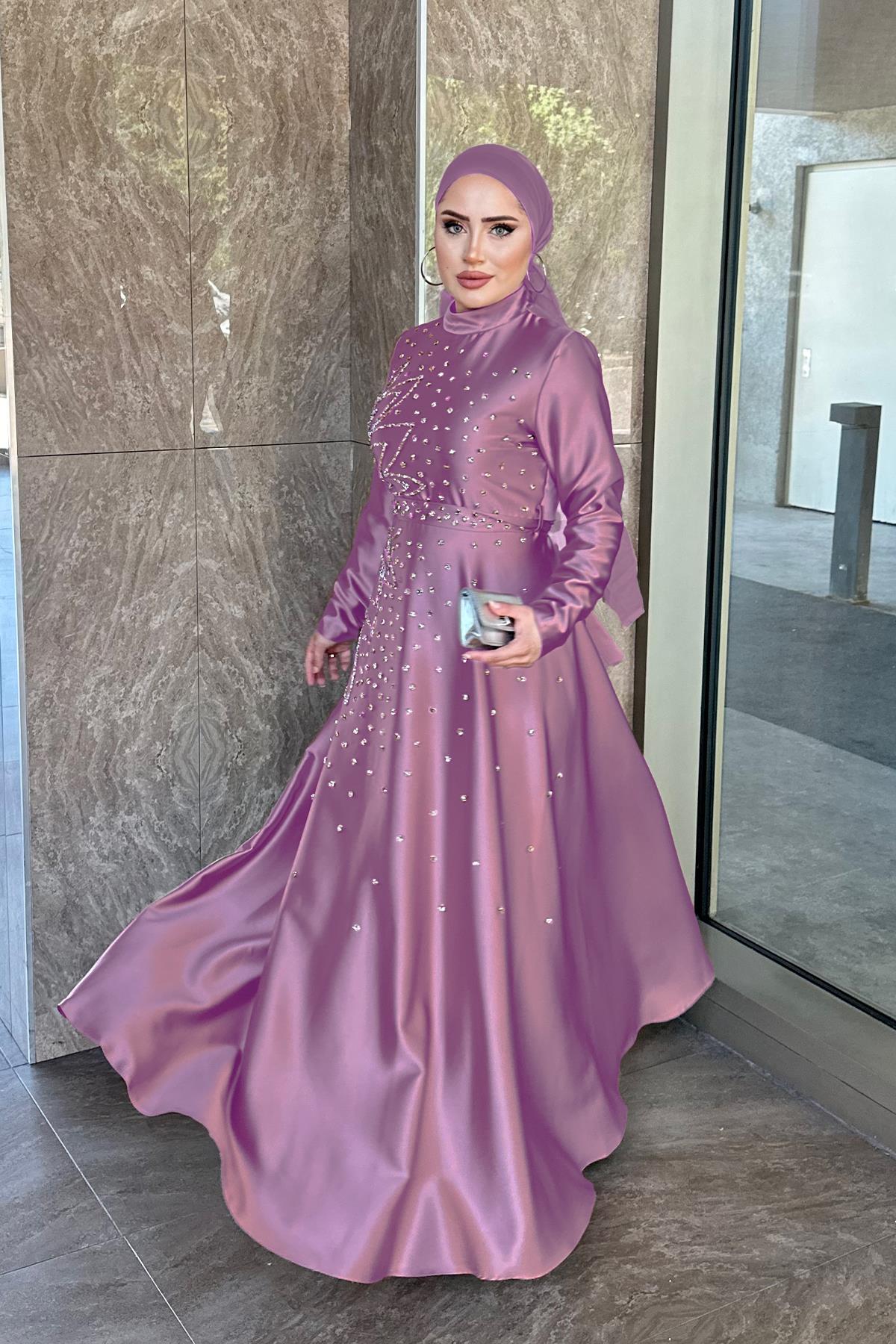 Tesettür Birce Saten Abiye LilaLP6081