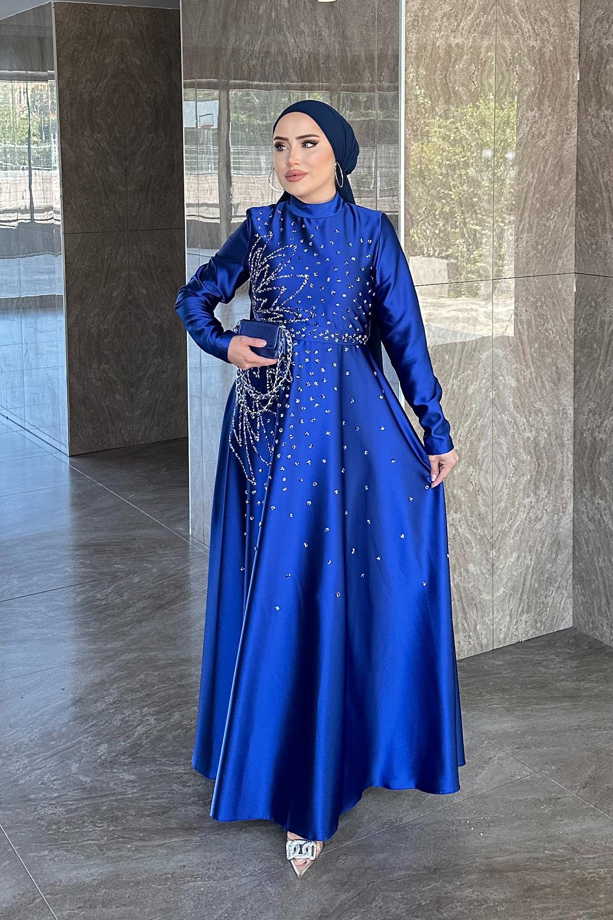 Tesettür Birce Saten Abiye Saks MavisiLP6081