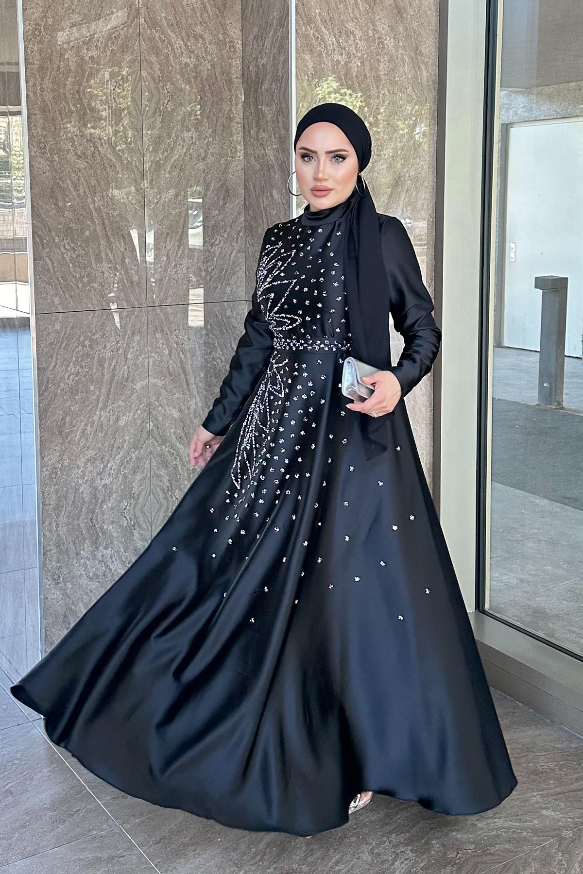 Tesettür Birce Saten Abiye SiyahLP6081
