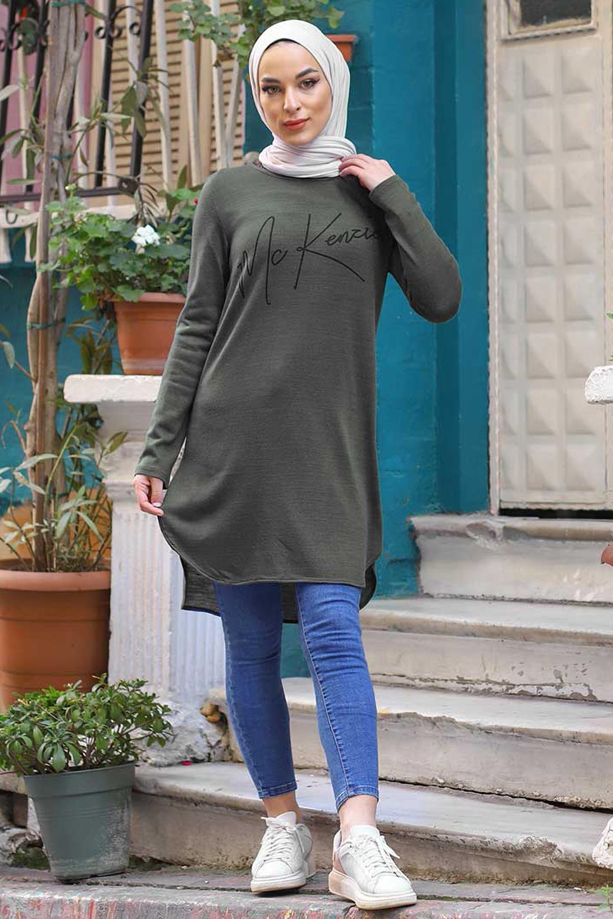 Tesettür Bisiklet Yaka Baskılı Tunik HakiHM1660