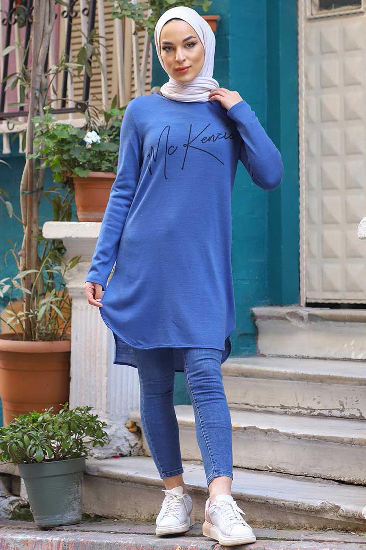 Tesettür Bisiklet Yaka Baskılı Tunik MaviHM1660