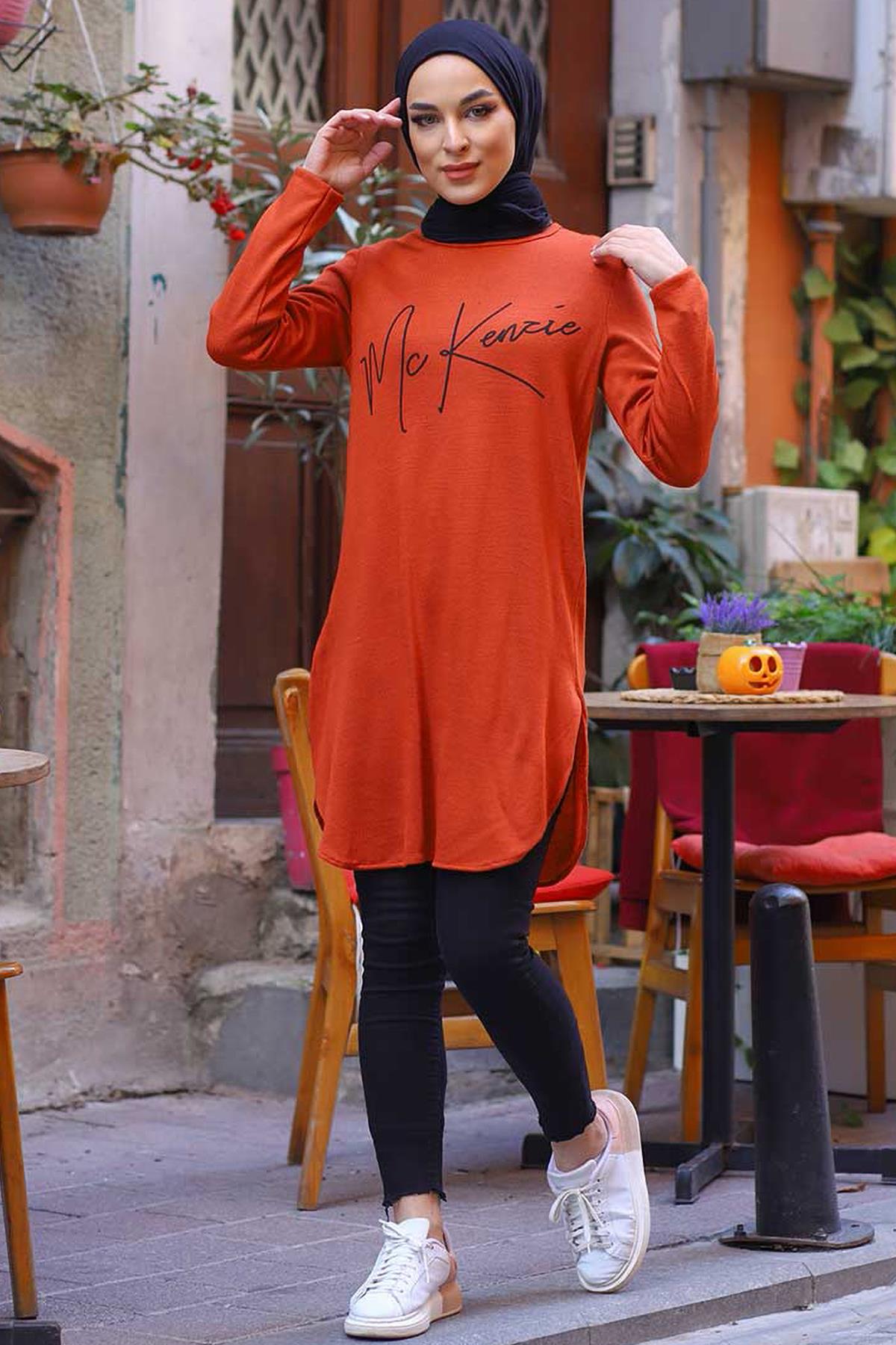 Tesettür Bisiklet Yaka Baskılı Tunik OranjHM1660