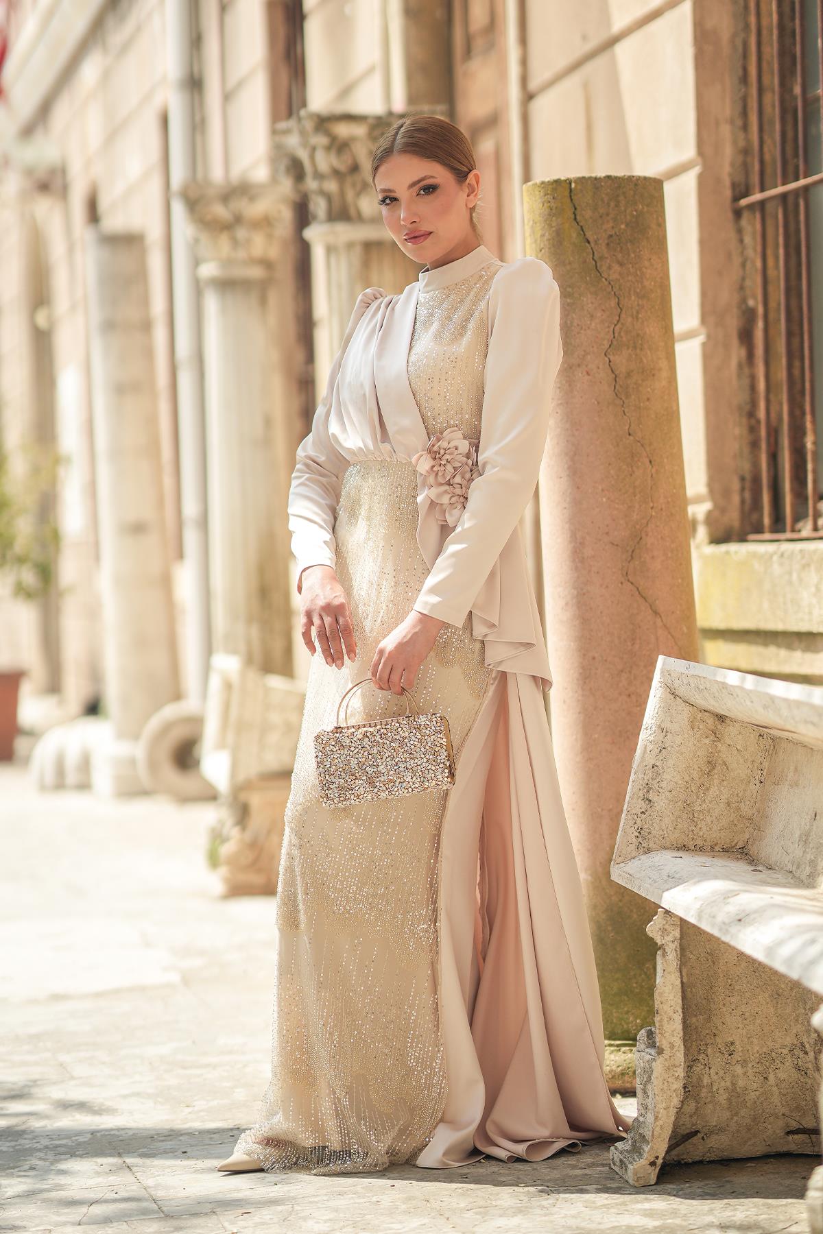 Tesettür Boncuklu Saten Abiye BejLP6241