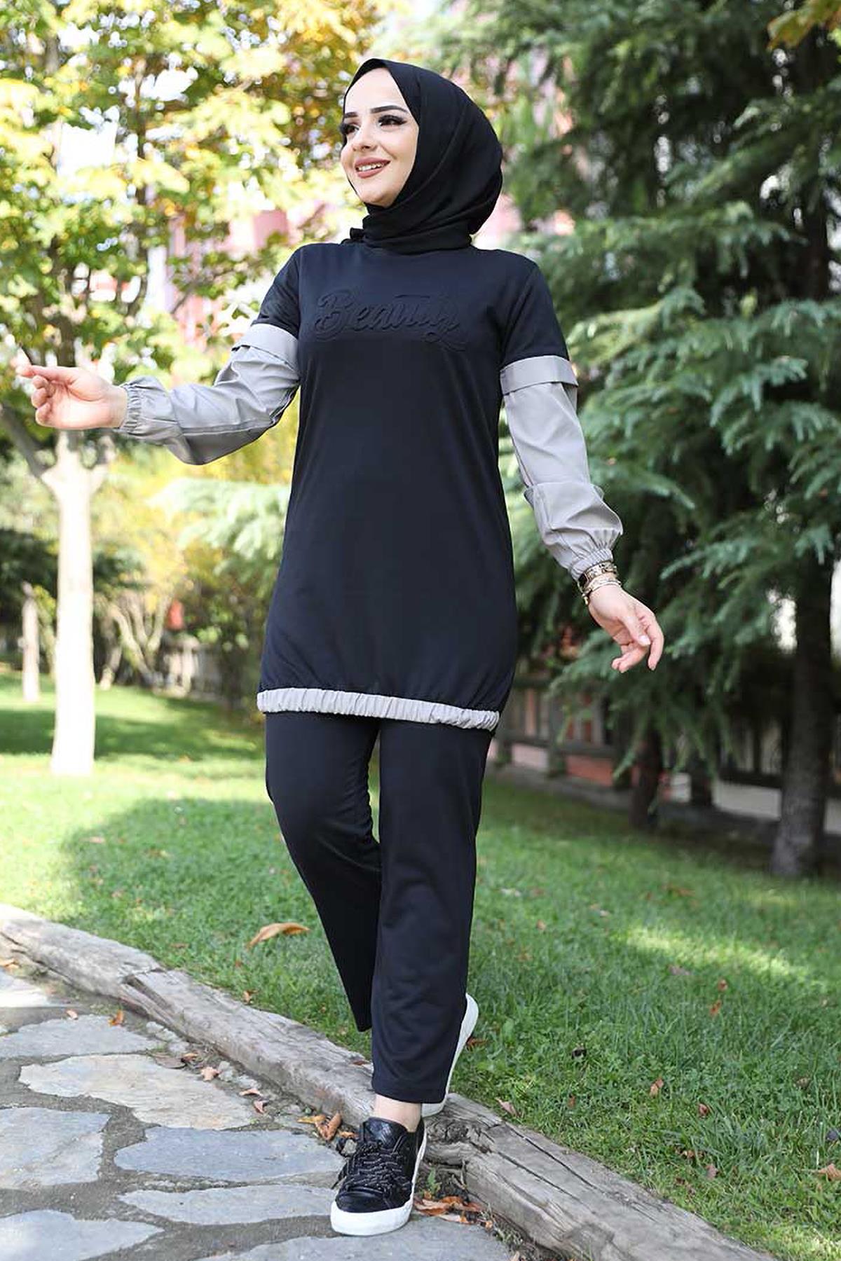 Tesettür Bondit Garnili İkili Tesettür Takım SiyahHM1563