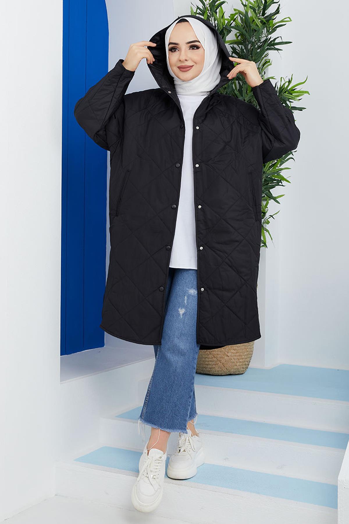 Tesettür Boydan Çıtçıtlı Kapüşonlu Mont SiyahHM54061