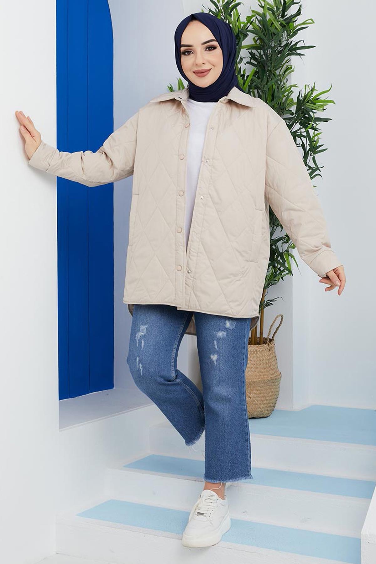 Tesettür Boydan Çıtçıtlı Mont BejHM54008