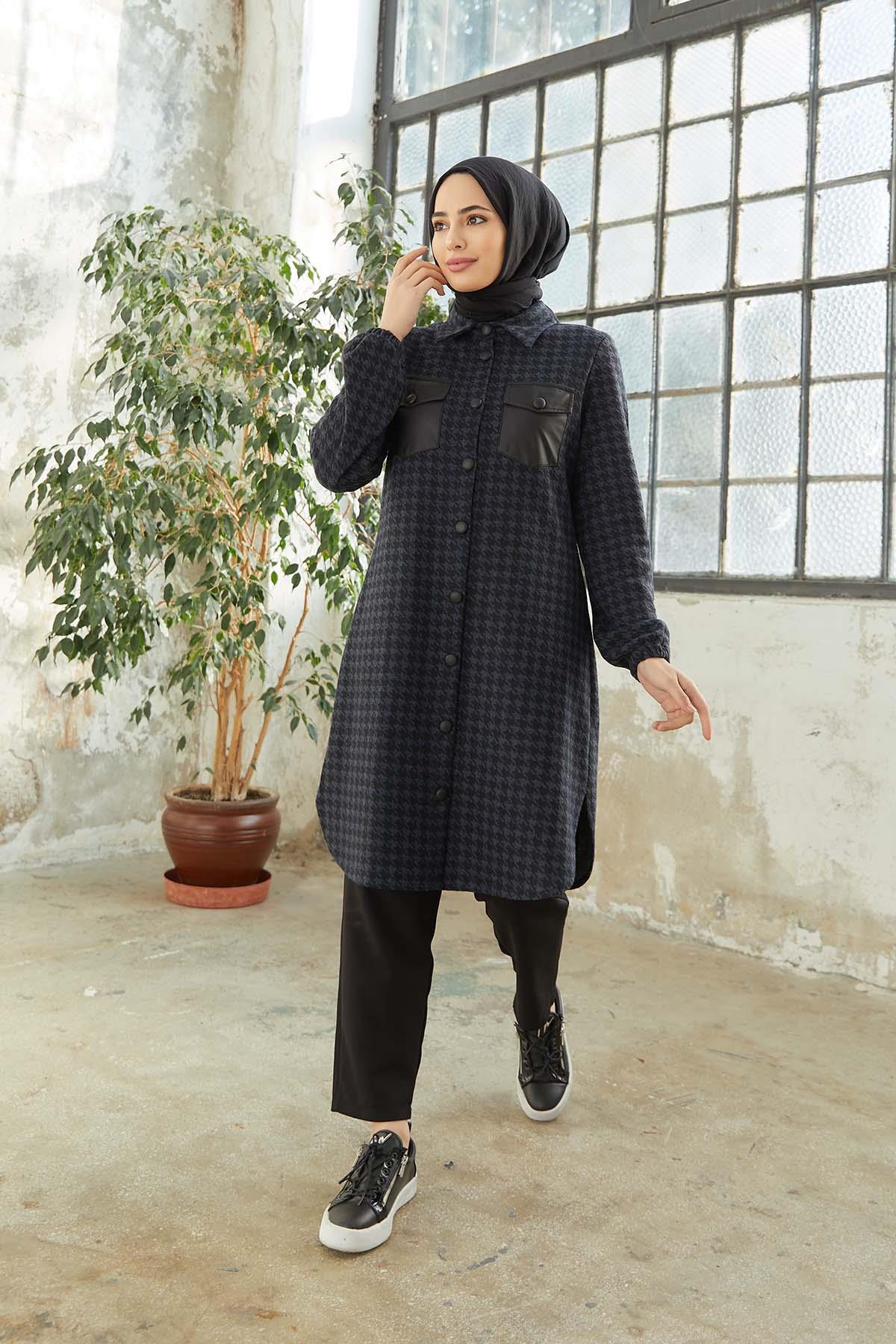 Tesettür Boydan Düğmeli Tunik IndigoTK0004