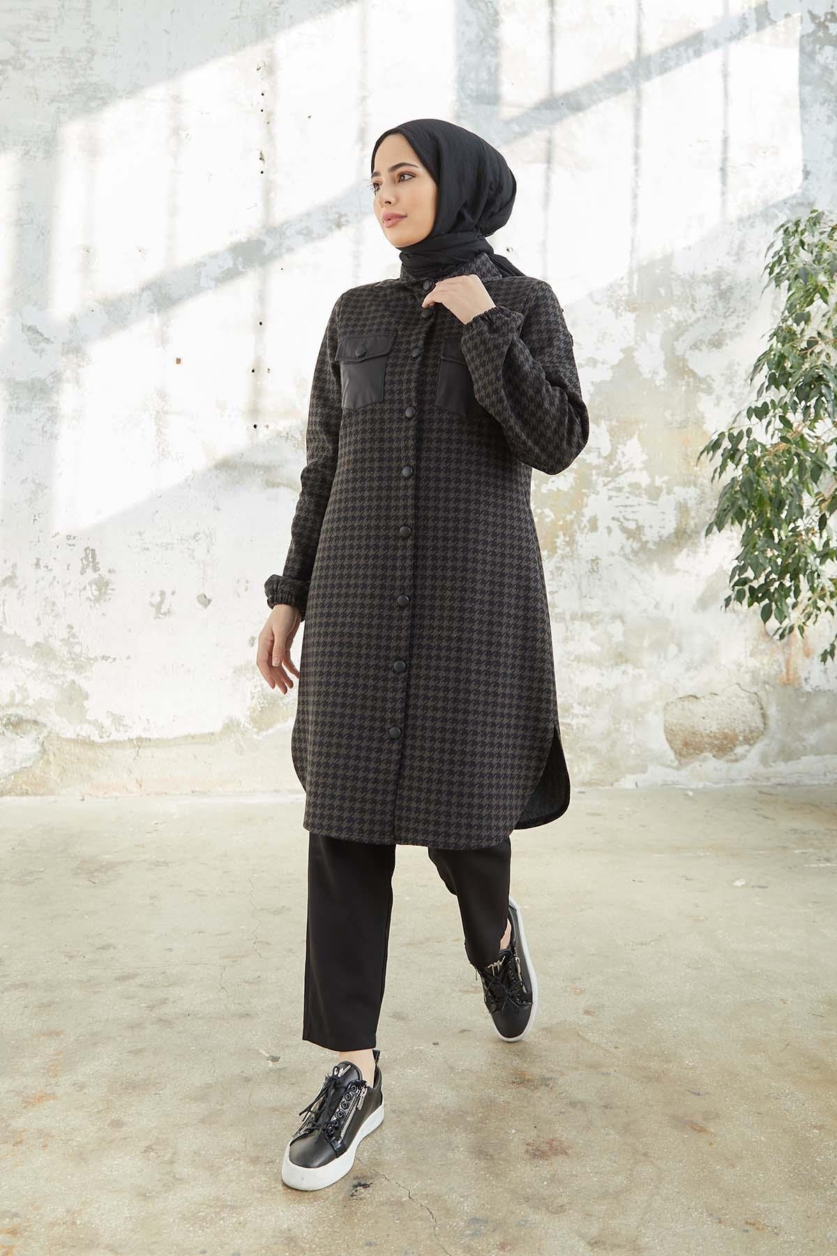 Tesettür Boydan Düğmeli Tunik kahverengiTK0004