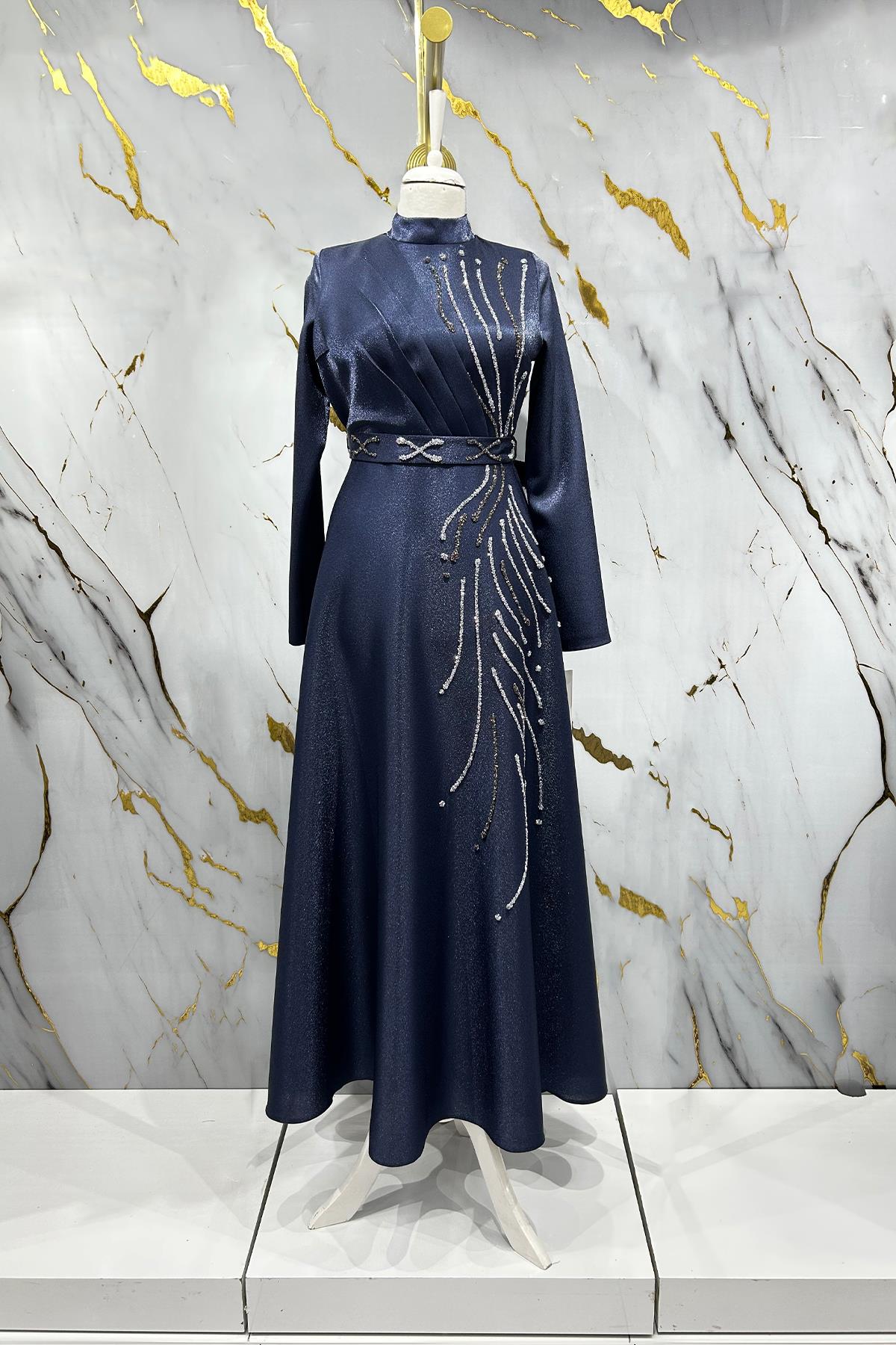 Tesettür Burcu Krep Saten Abiye LacivertLP6067