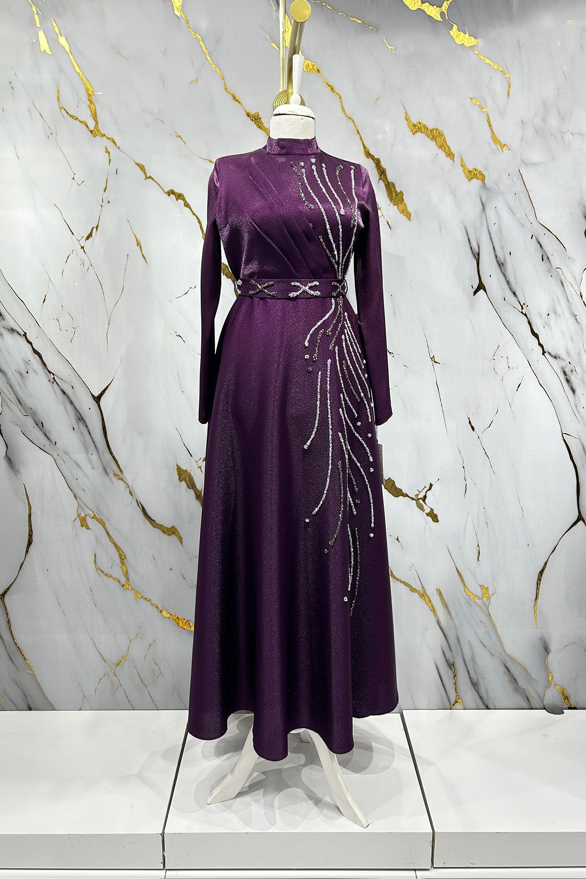 Tesettür Burcu Krep Saten Abiye MorLP6067