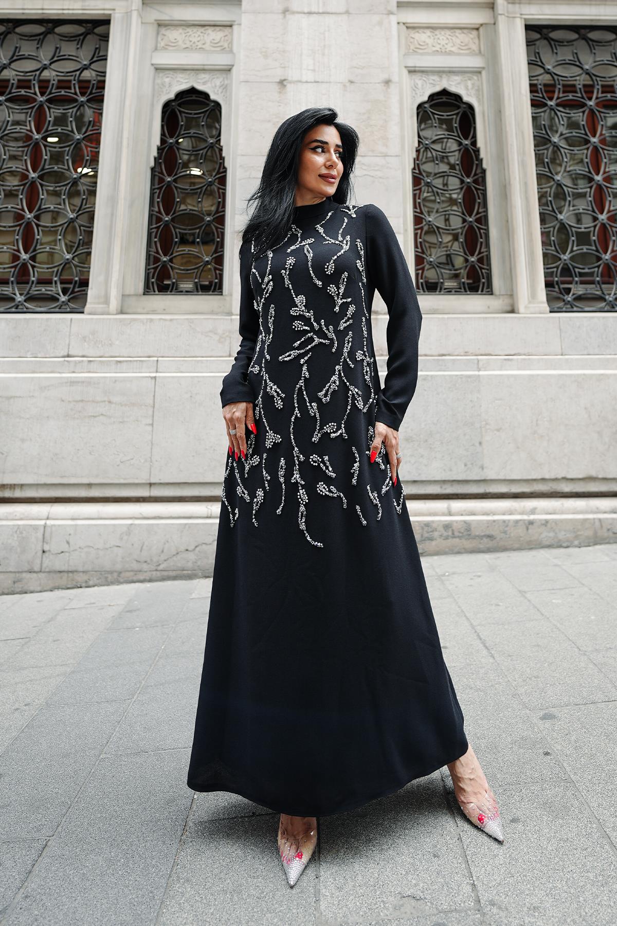 Tesettür Büyük Beden Alize Adriana Krep Abiye SiyahLP6305