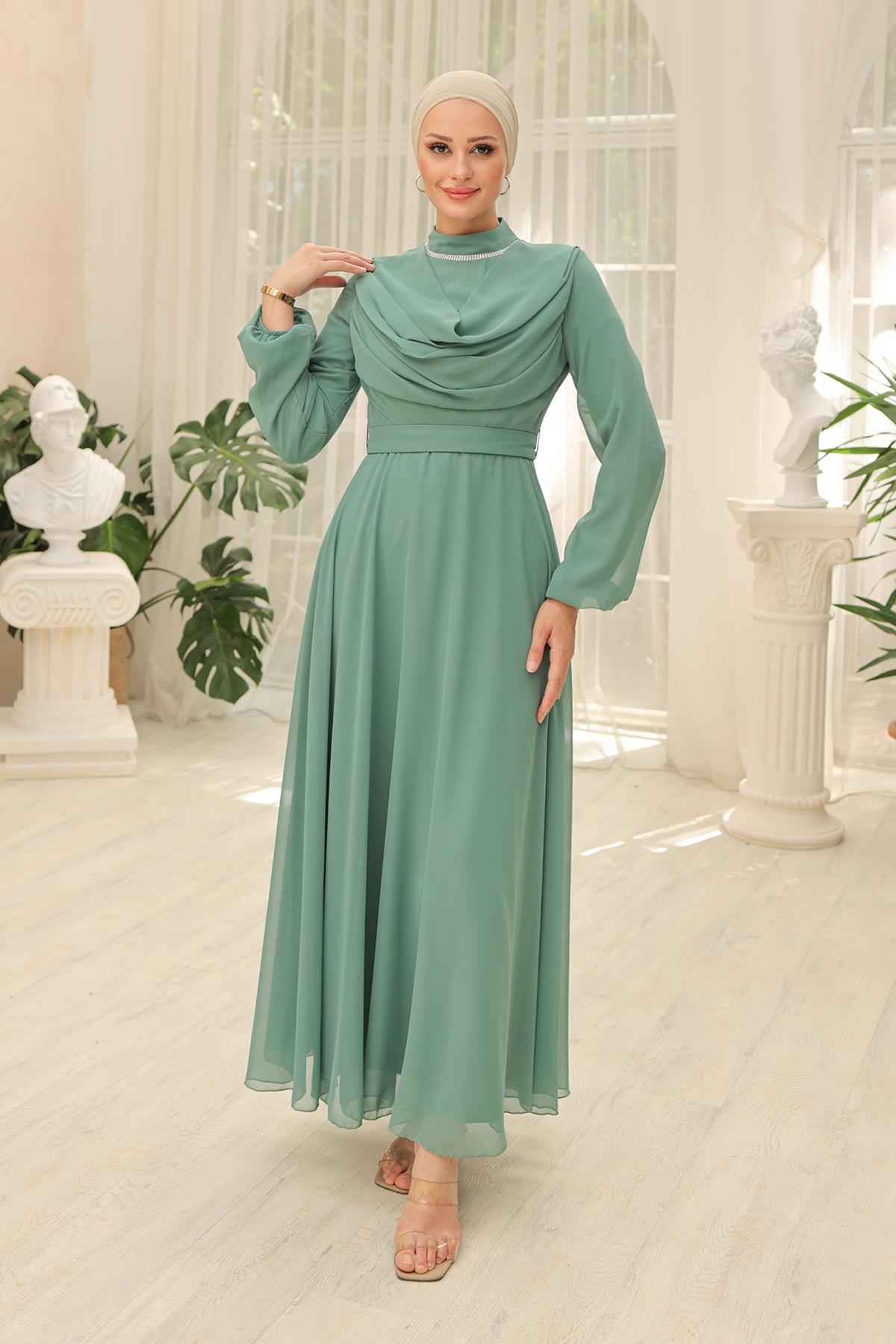 Tesettür Büyük Beden Ariyana Şal Yaka Abiye Mint YeşiliHM2010