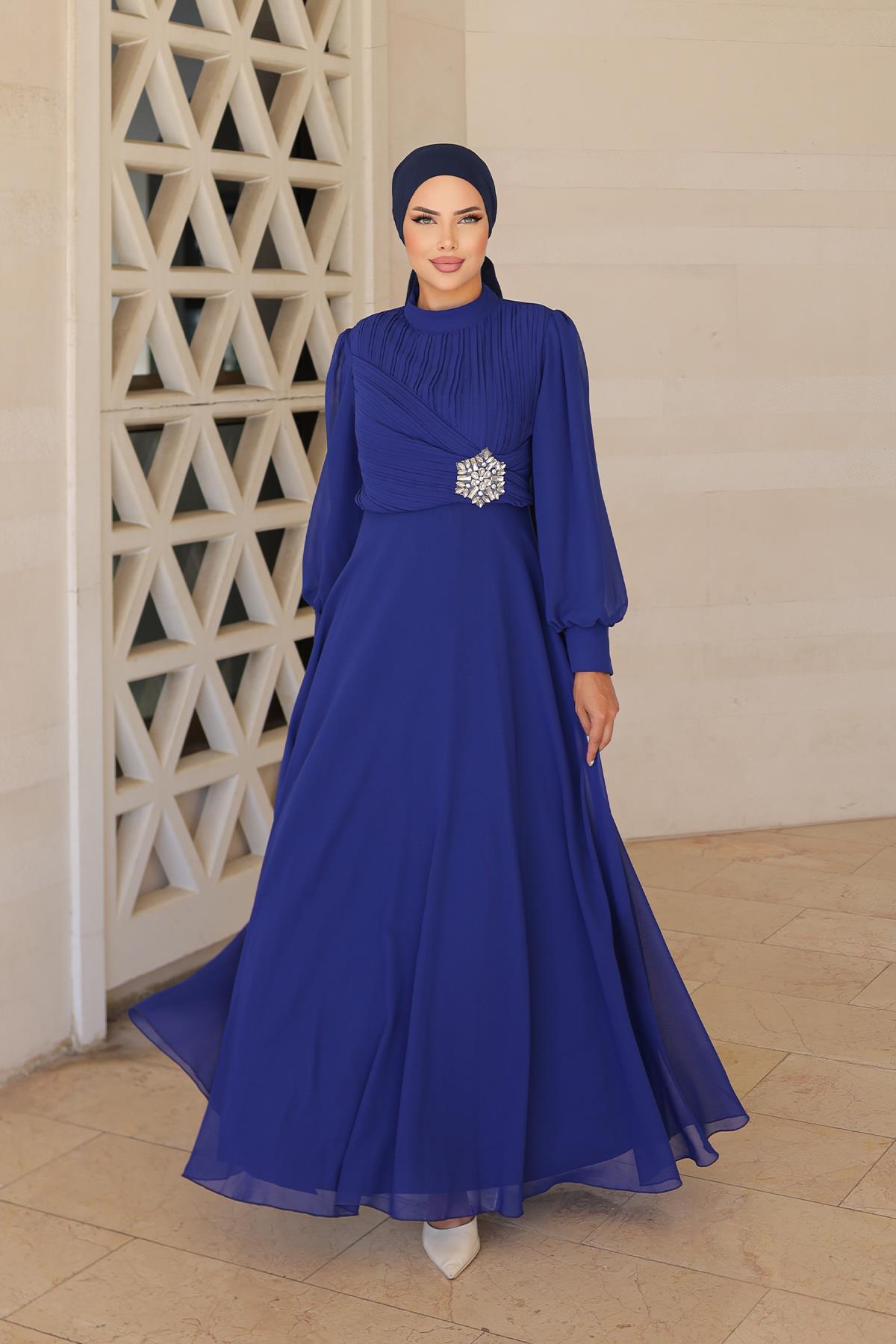 Tesettür Büyük Beden Gizem Şifon Abiye Saks MavisiLP6085