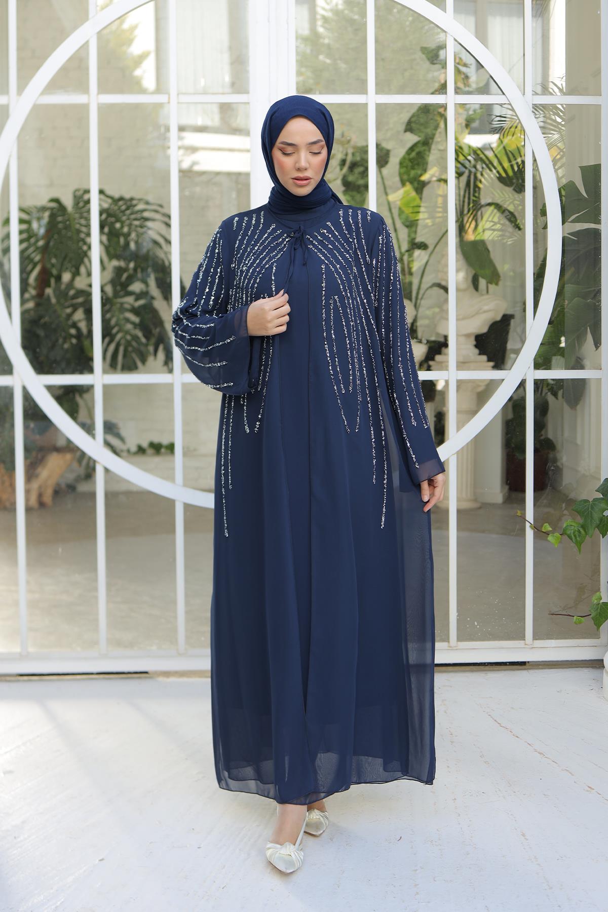 Tesettür Mahinur Şifon Abiye LacivertLP6127