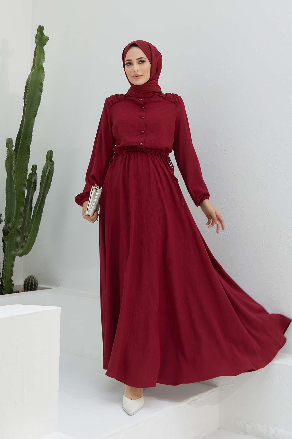 Tesettür Büzgülü Belden Bağcıklı Elbise BordoHM4027