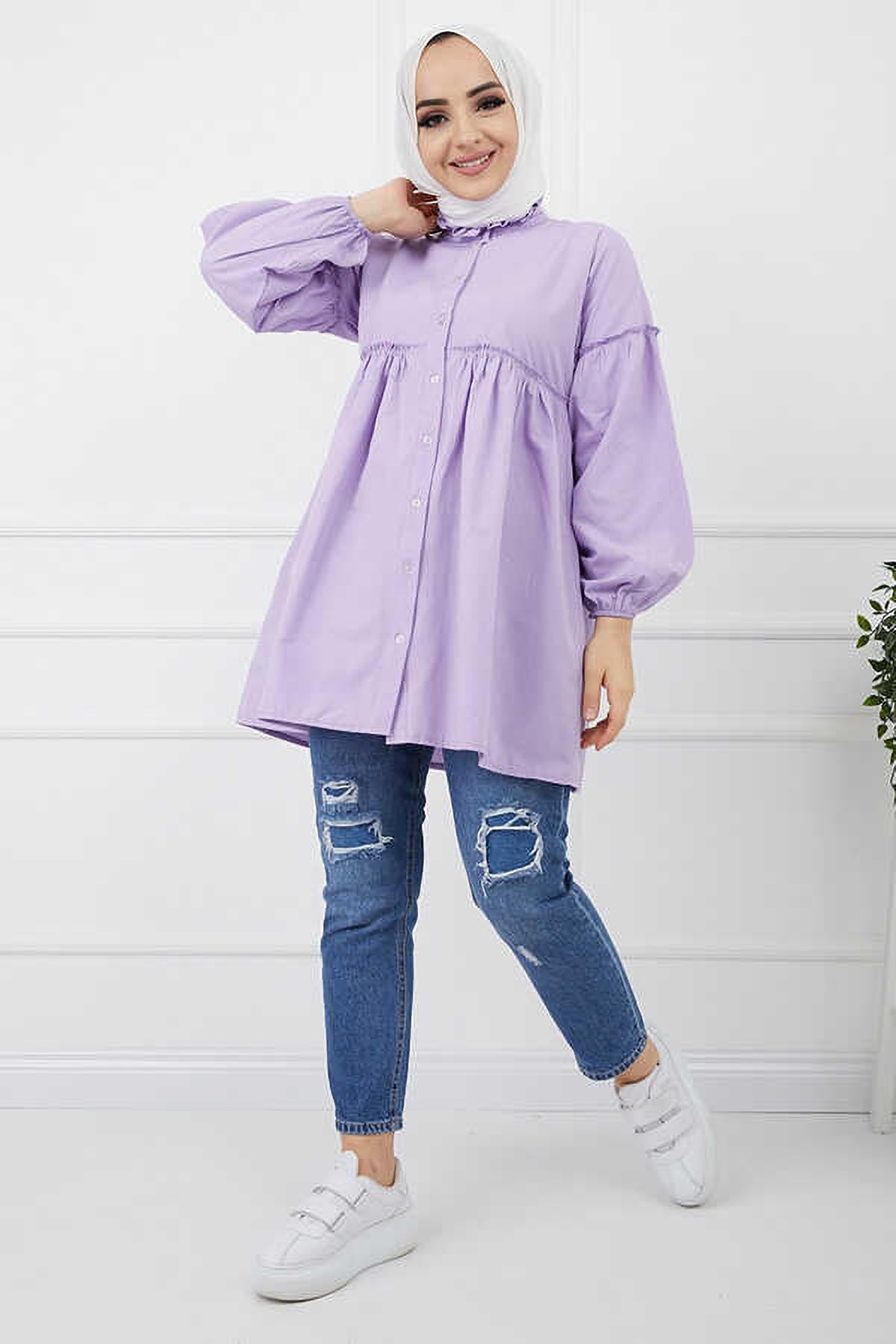 Tesettür Büzgülü Boydan Düğmeli Tunik LilaHM2700
