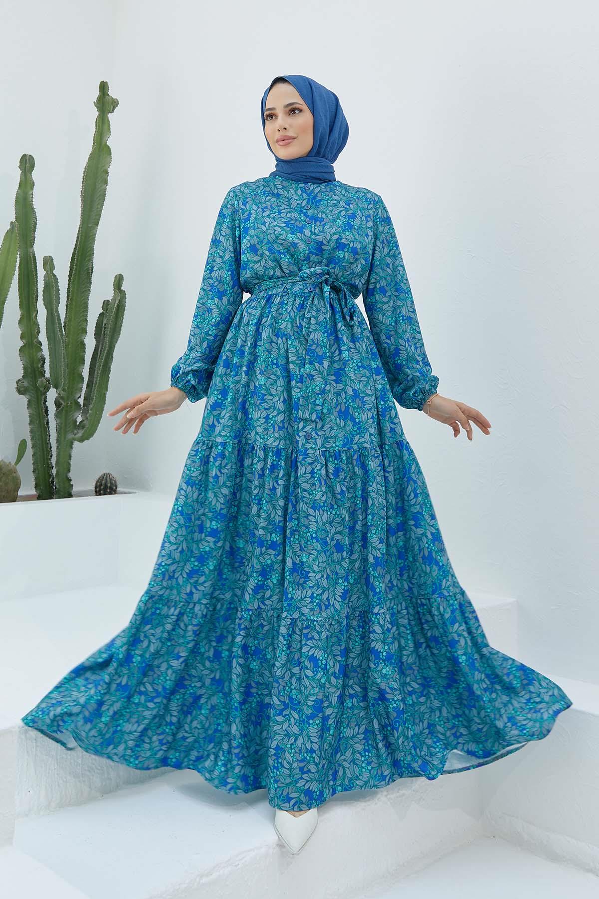Tesettür Büzgülü Çiçek Desenli Elbise SaksHM4039